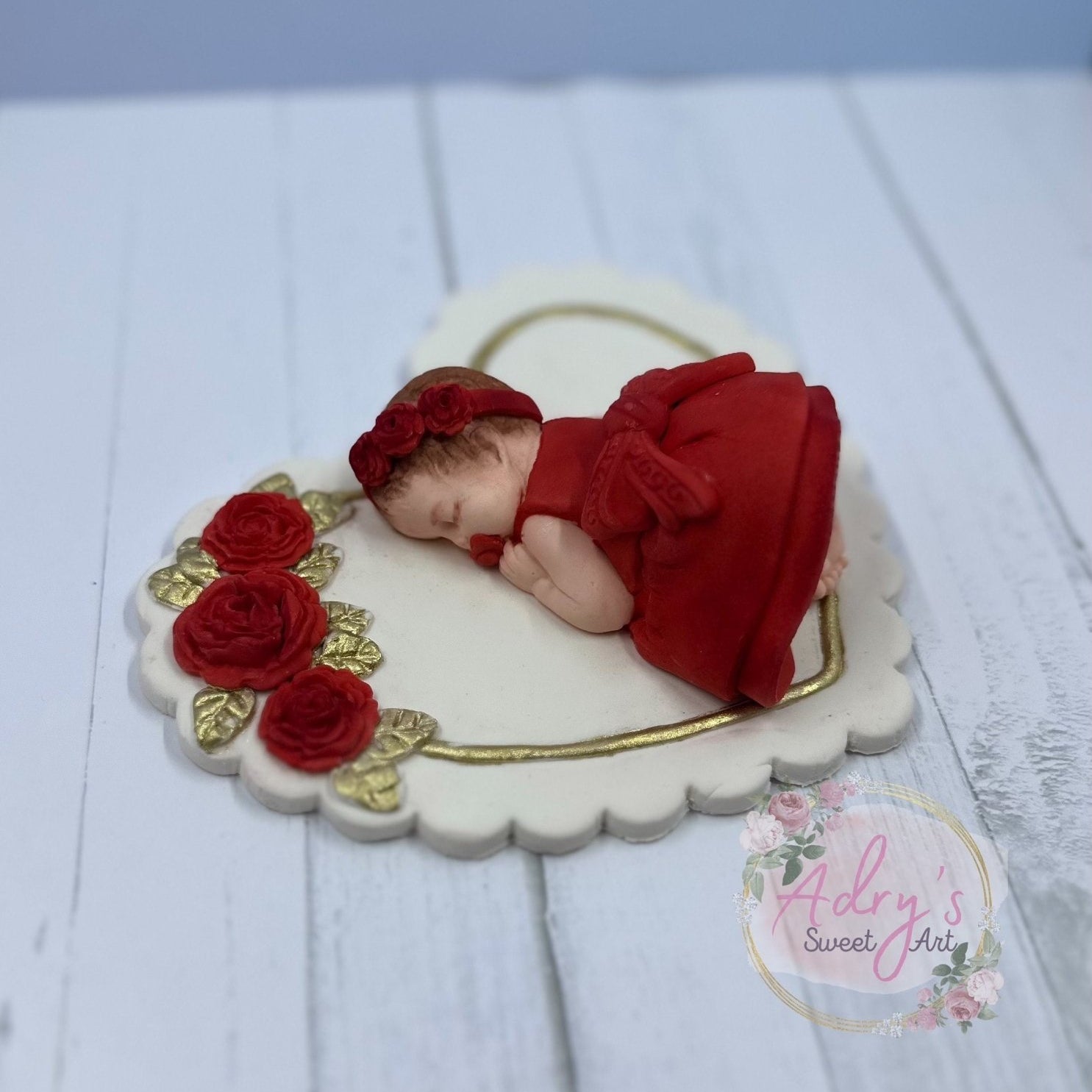 Gum Paste Heart and Red Roses Baby Girl Cake Topper - Adry’s Sweet Art