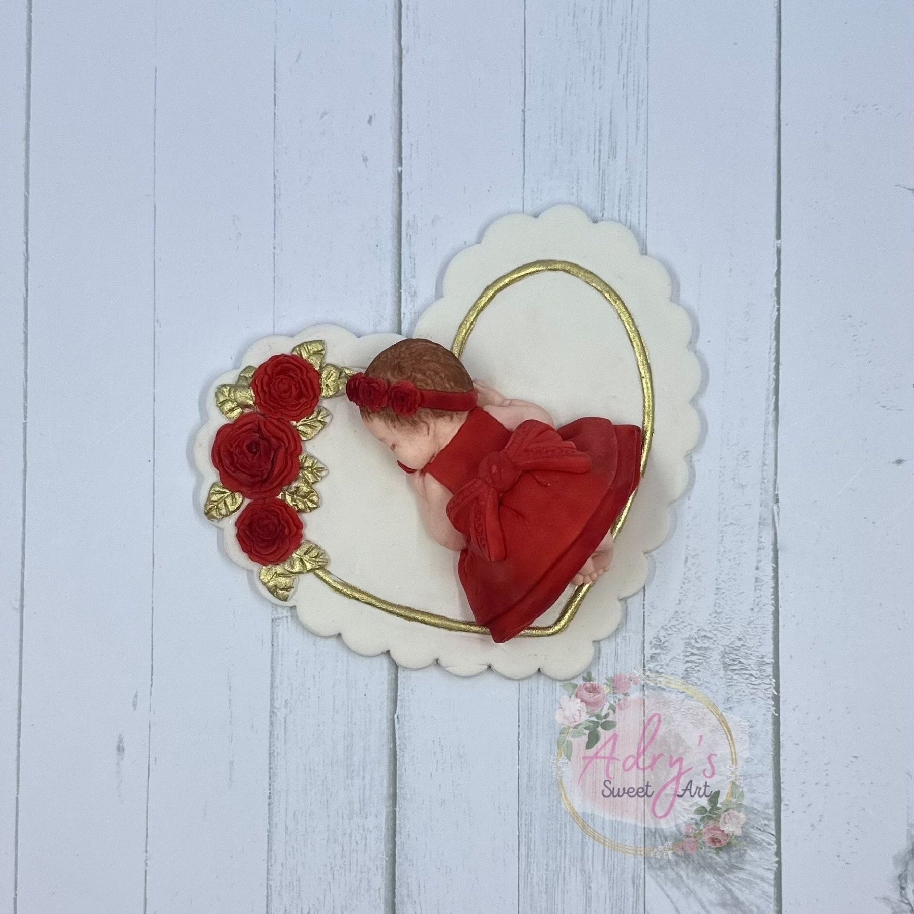 Gum Paste Heart and Red Roses Baby Girl Cake Topper - Adry’s Sweet Art