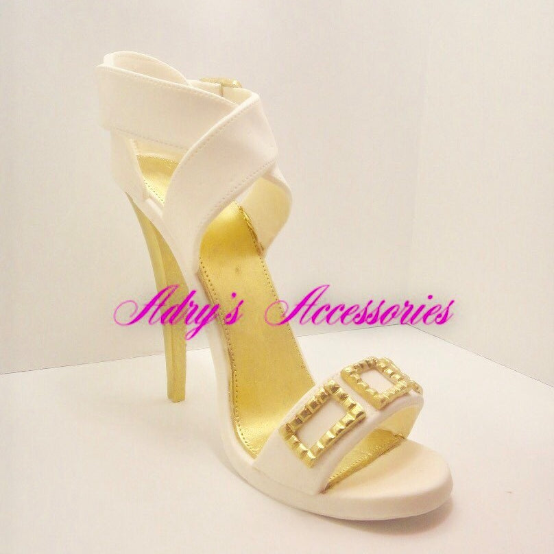 Gum Paste High Heel Shoe Gold and White with Cross Stripes