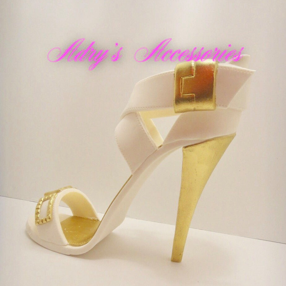 Gum Paste High Heel Shoe Gold and White with Cross Stripes