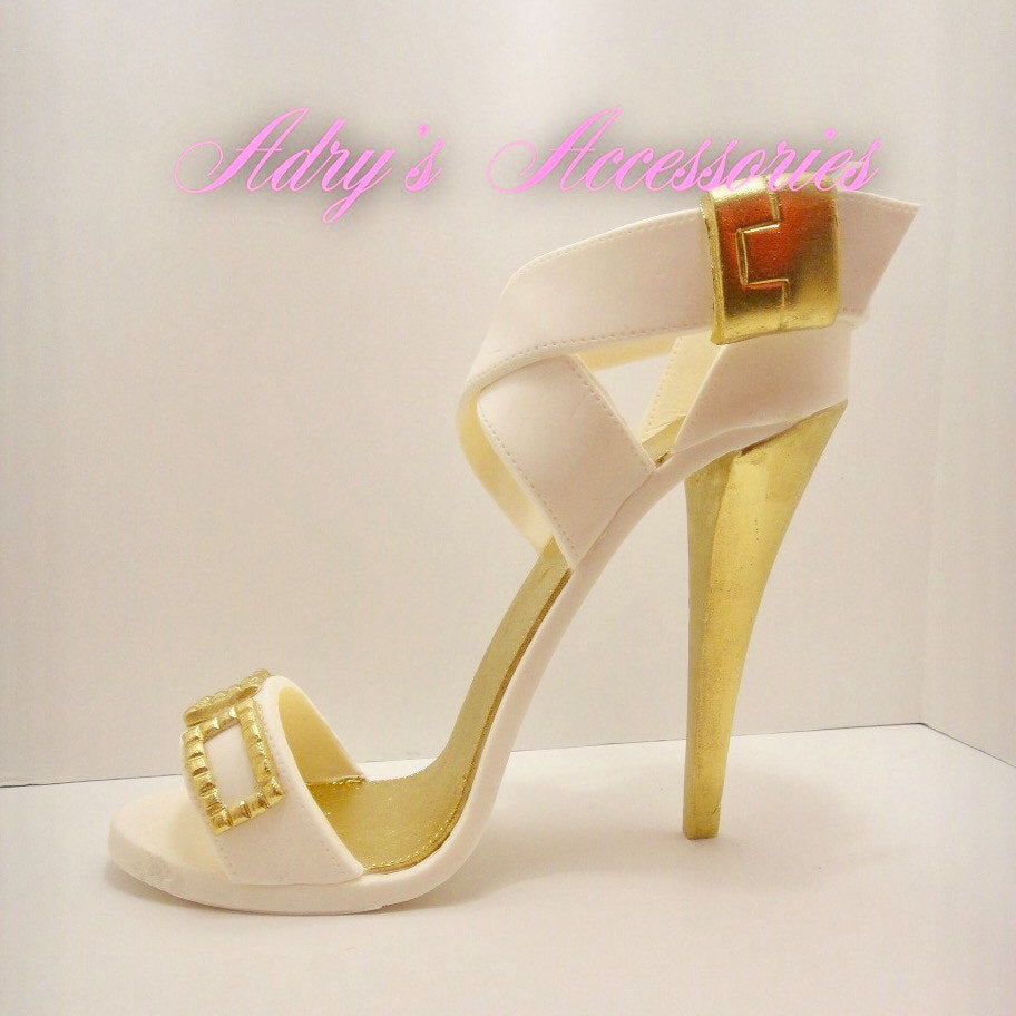 Gum Paste High Heel Shoe Gold and White with Cross Stripes