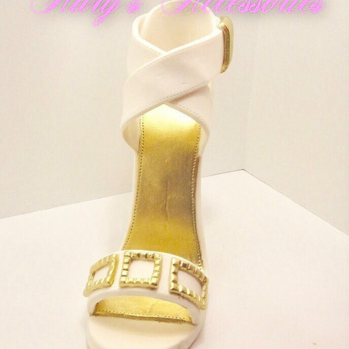 Gum Paste High Heel Shoe Gold and White with Cross Stripes