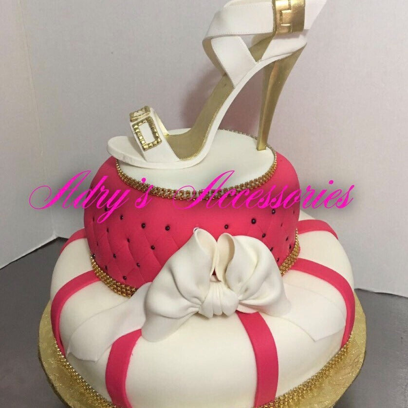 Gum Paste High Heel Shoe Gold and White with Cross Stripes