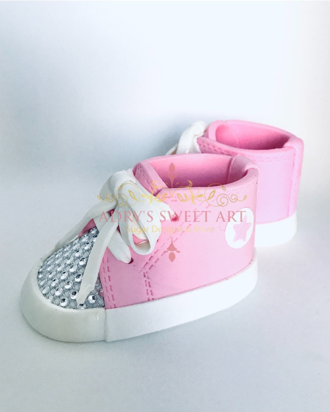 Pink Rhinestone Baby Sneakers Gum Paste Cake Topper