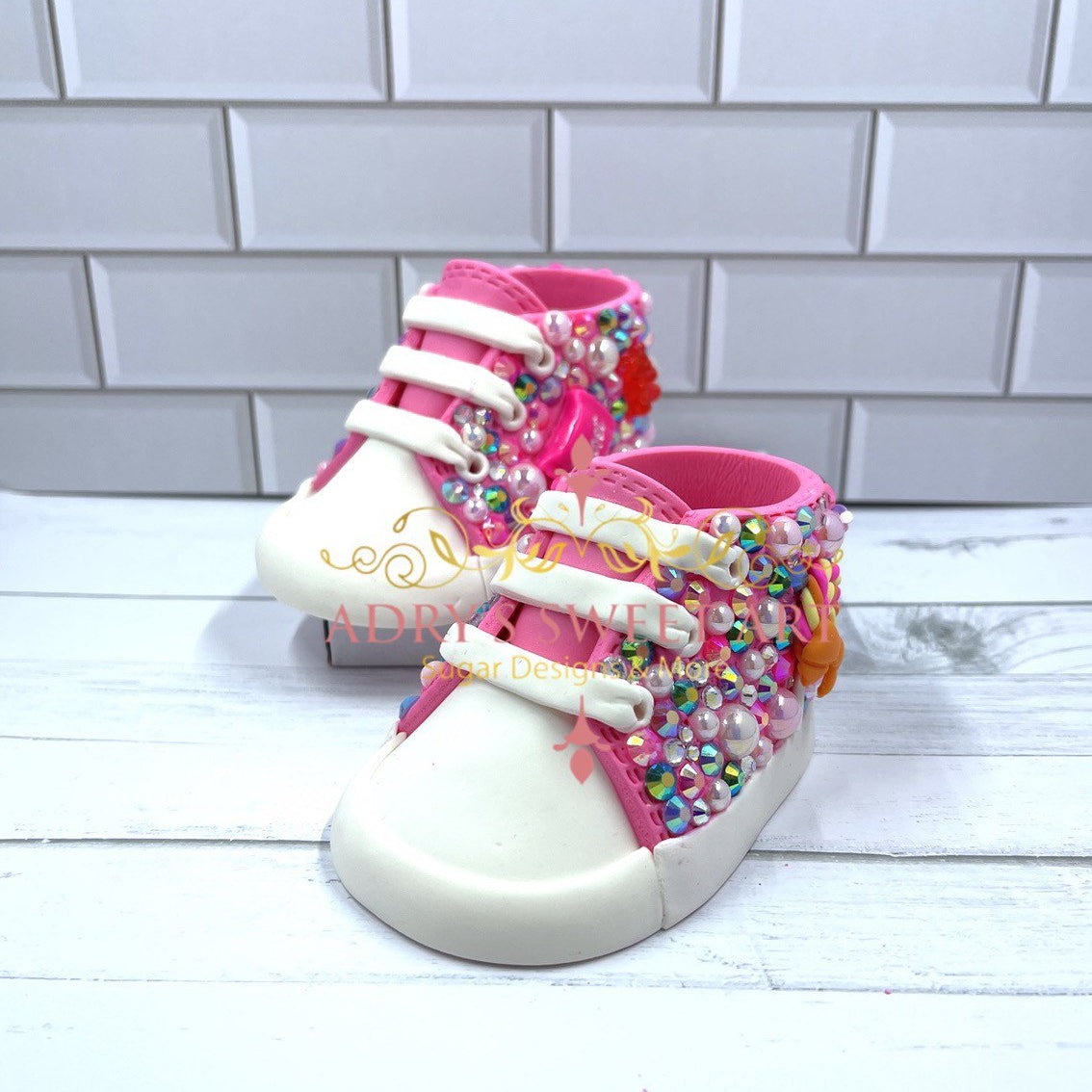 Gum Paste Baby Girl Rhinestones and Candies Sneakers Cake Topper