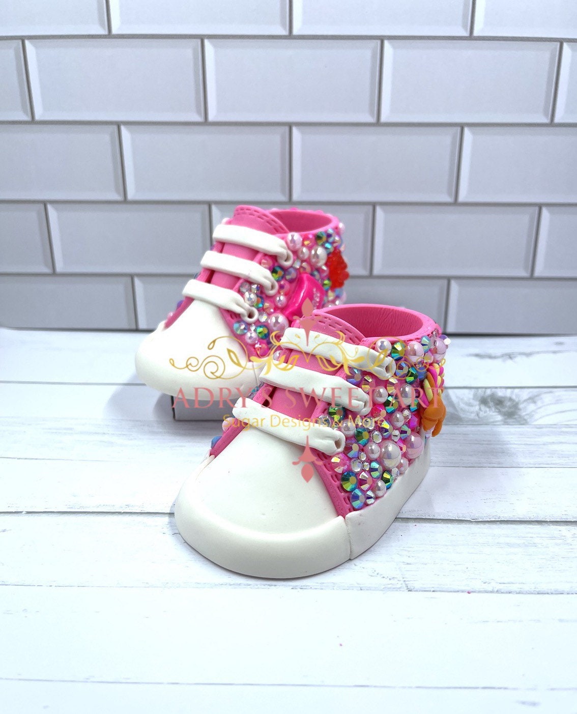 Pink Candy & Rhinestone Baby Sneakers Gum Paste Cake Topper