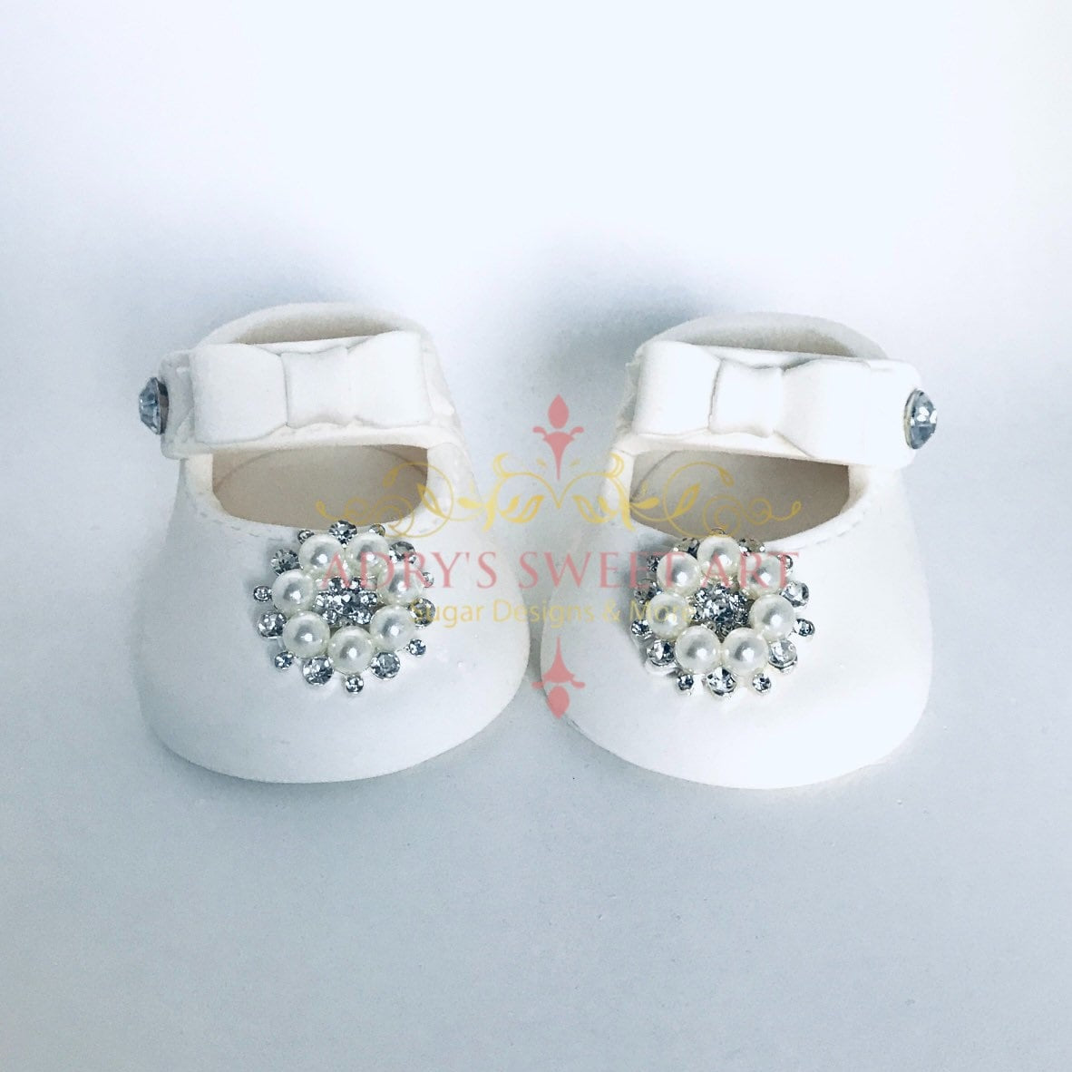 Gum Paste Baby Girl White Shoes With Rhinestones Flower Cake Topper