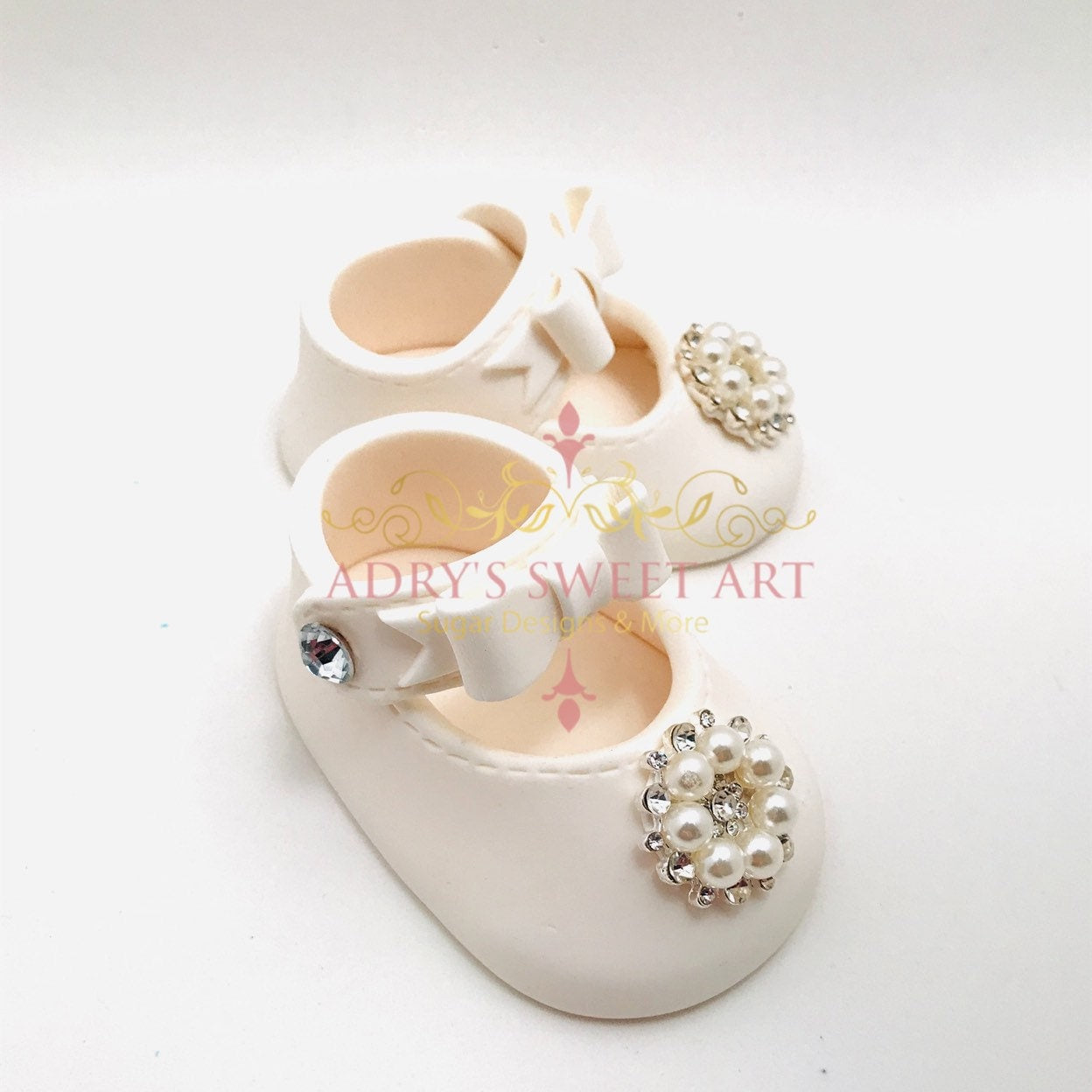 Gum Paste Baby Girl White Shoes With Rhinestones Flower Cake Topper
