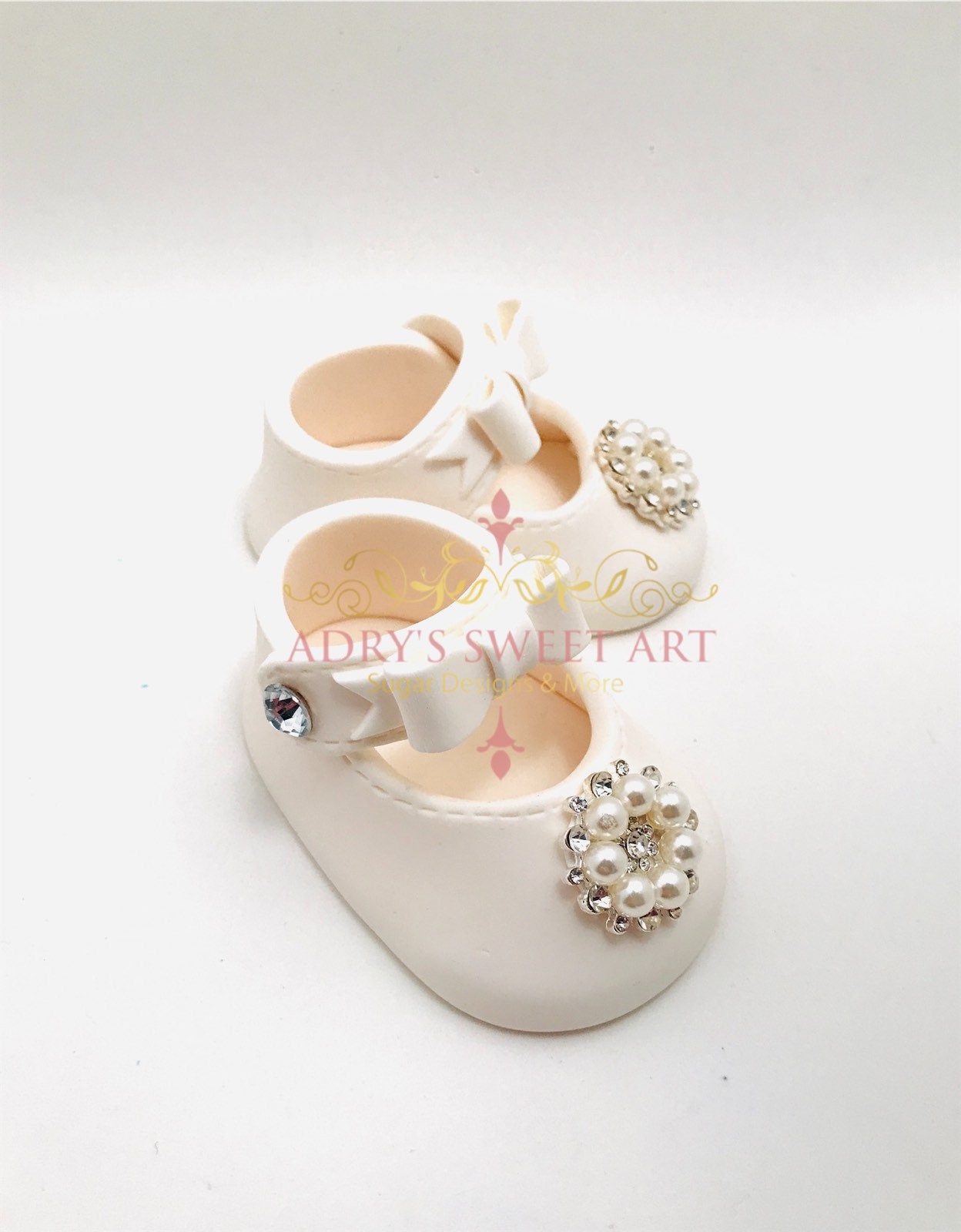 White Baby Shoes with Pearls & Rhinestones Gum Paste Cake Topper
