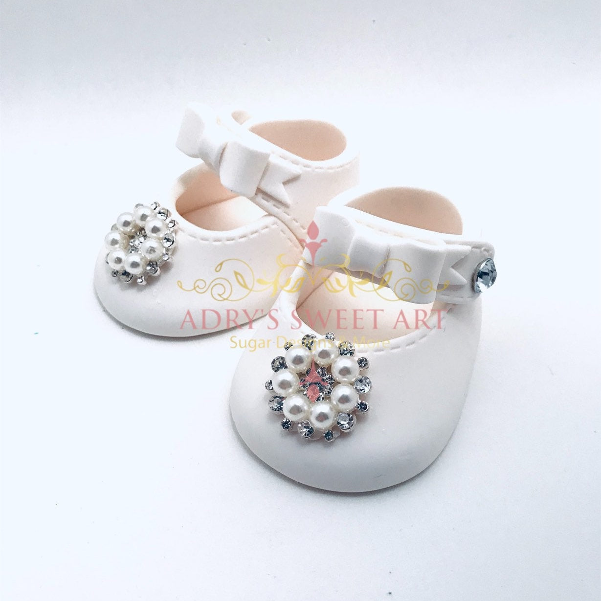 Gum Paste Baby Girl White Shoes With Rhinestones Flower Cake Topper
