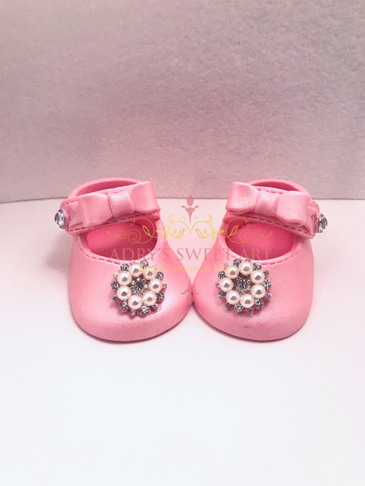 Pink Baby Shoes with Rhinestones and Pearls Gum Paste Cake Topper