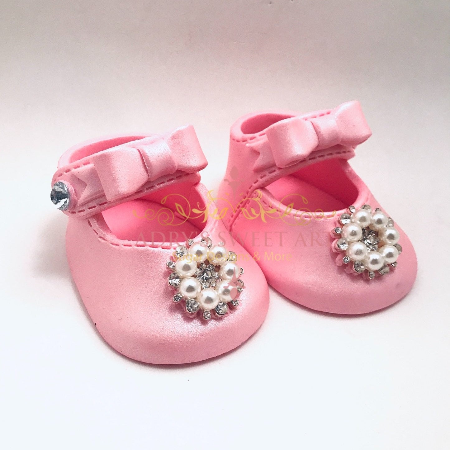 Gum Paste Baby Girl Shoes With Rhinestones Flower Cake Topper