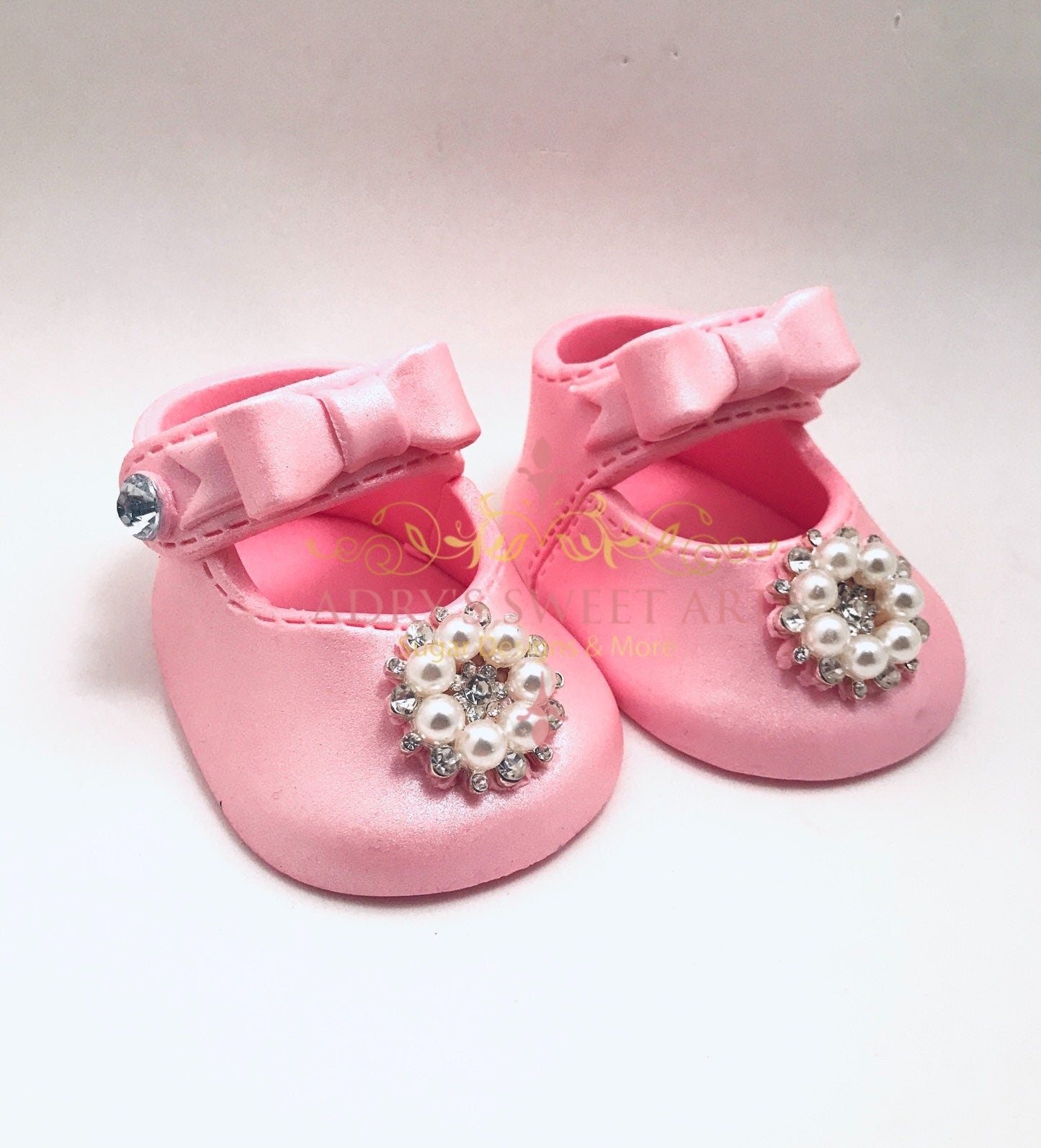Pink Baby Shoes with Rhinestones and Pearls Gum Paste Cake Topper
