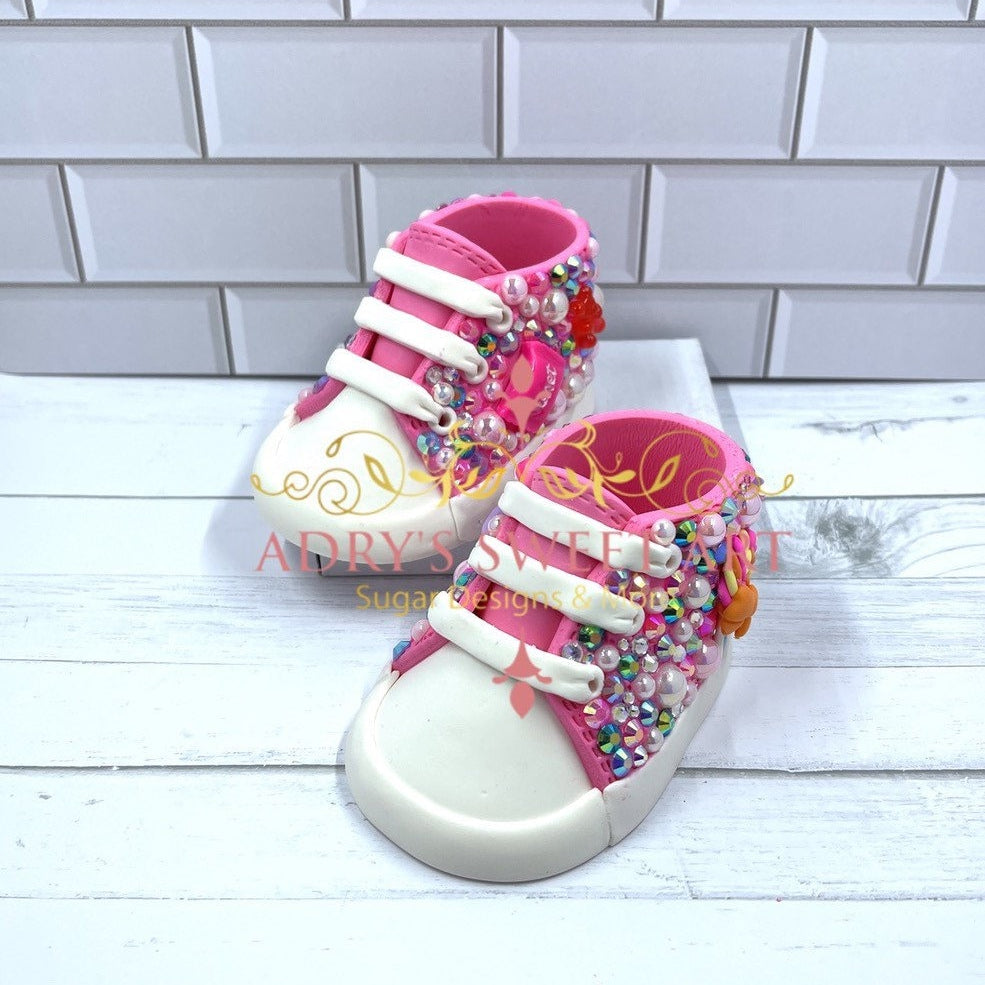 Gum Paste Baby Girl Rhinestones and Candies Sneakers Cake Topper