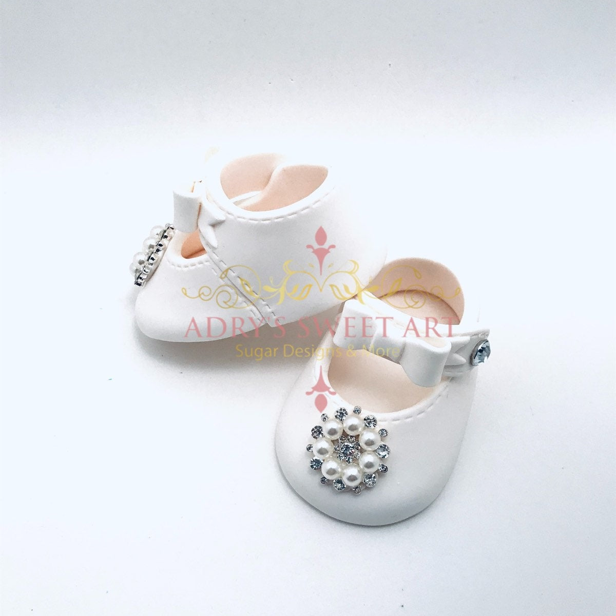 Gum Paste Baby Girl White Shoes With Rhinestones Flower Cake Topper