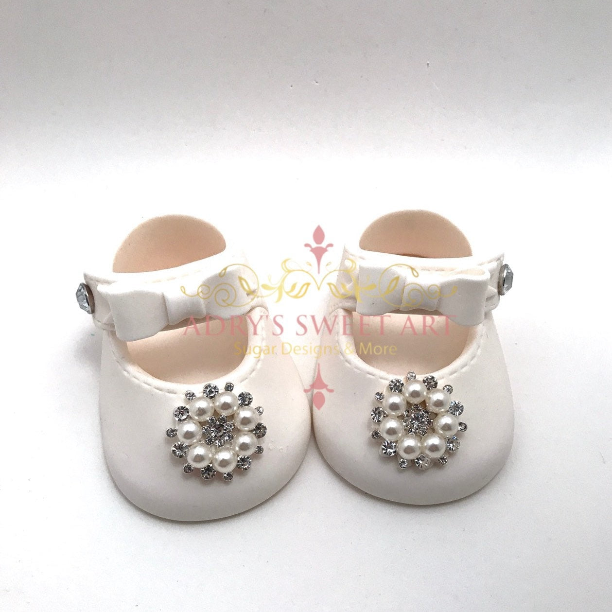 Gum Paste Baby Girl White Shoes With Rhinestones Flower Cake Topper