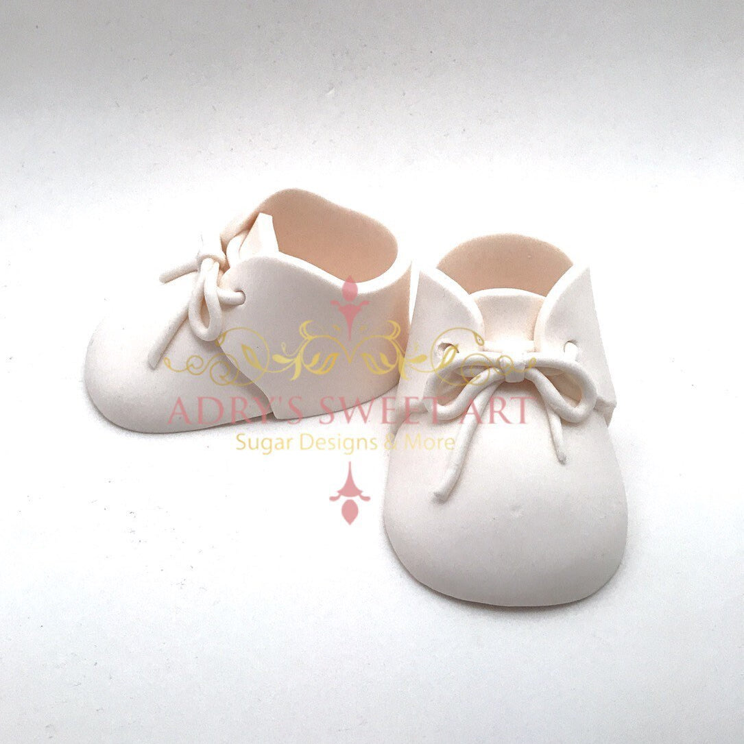 Gum Paste Baby Boy White Shoes with Laces Cake Topper