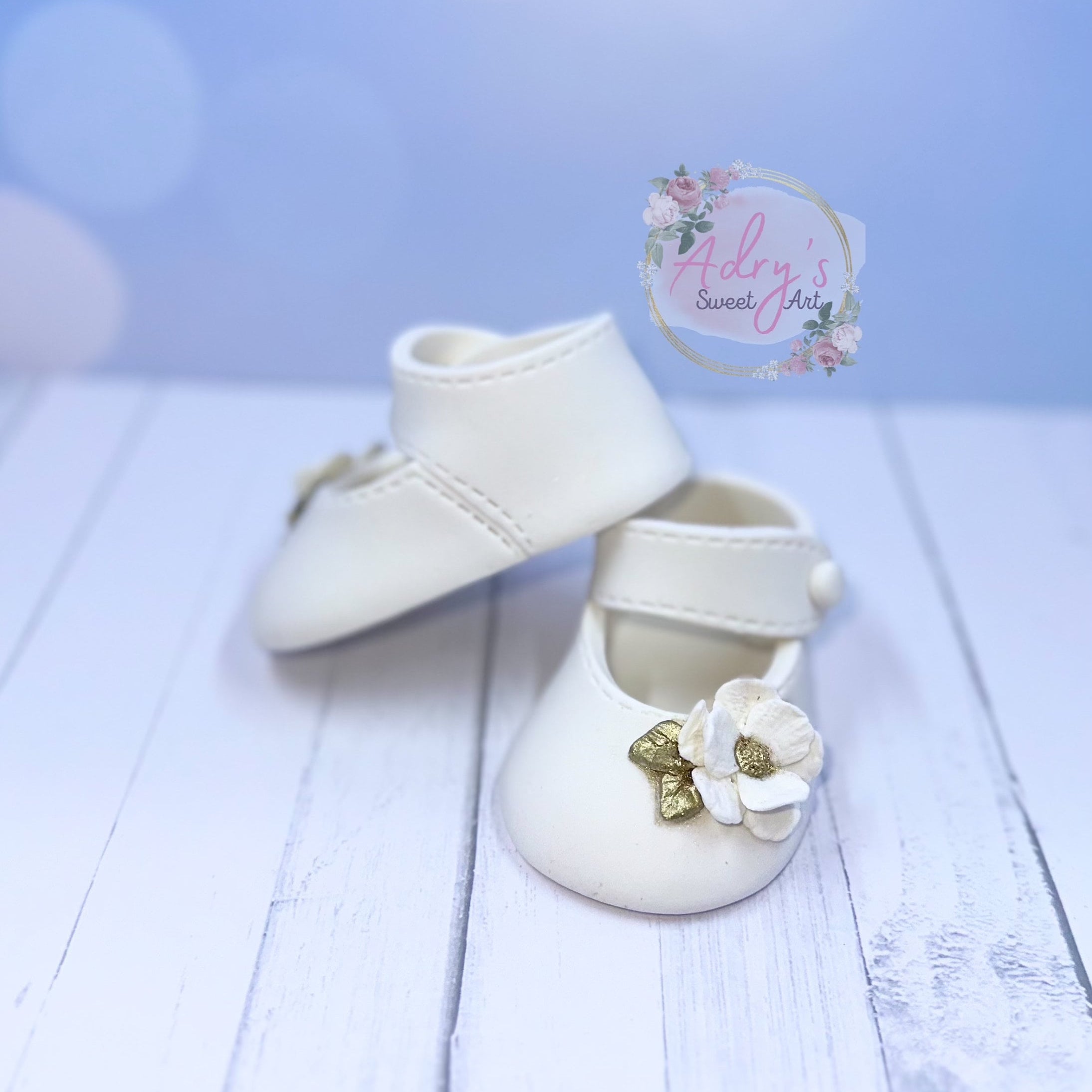 Gum Paste Baby Girl White and Gold Flower Shoes Cake Topper