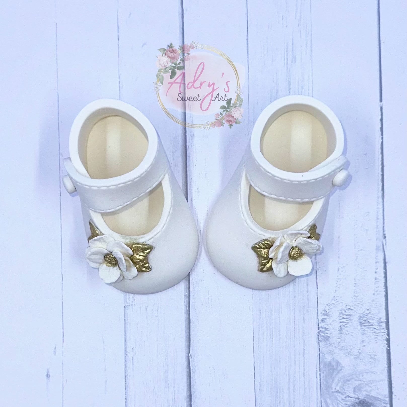 Gum Paste Baby Girl White and Gold Flower Shoes Cake Topper