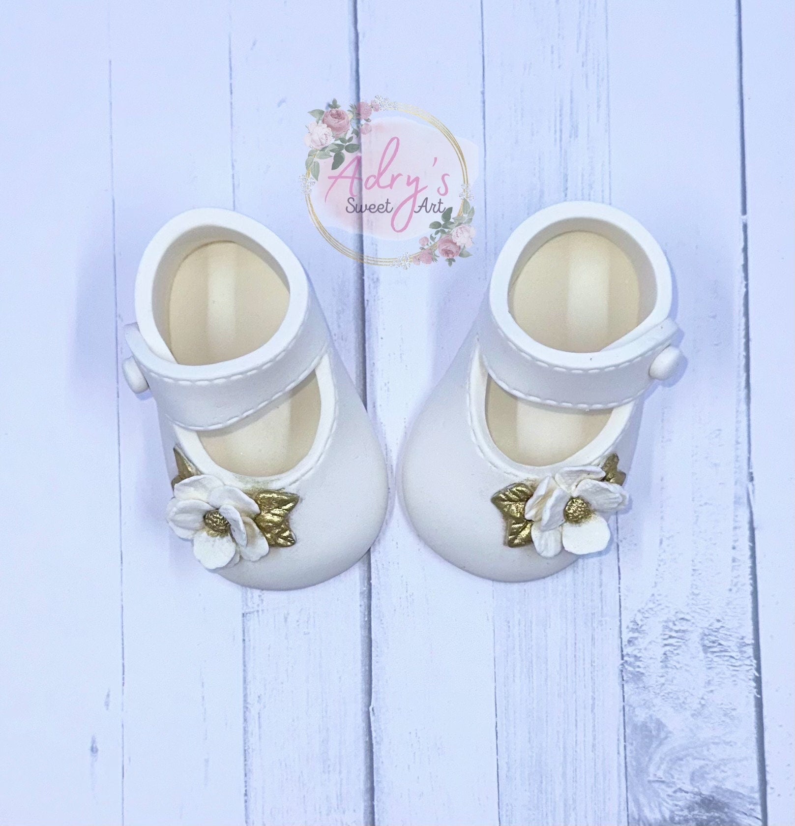 White & Gold Baby Shoes Gum Paste Cake Topper