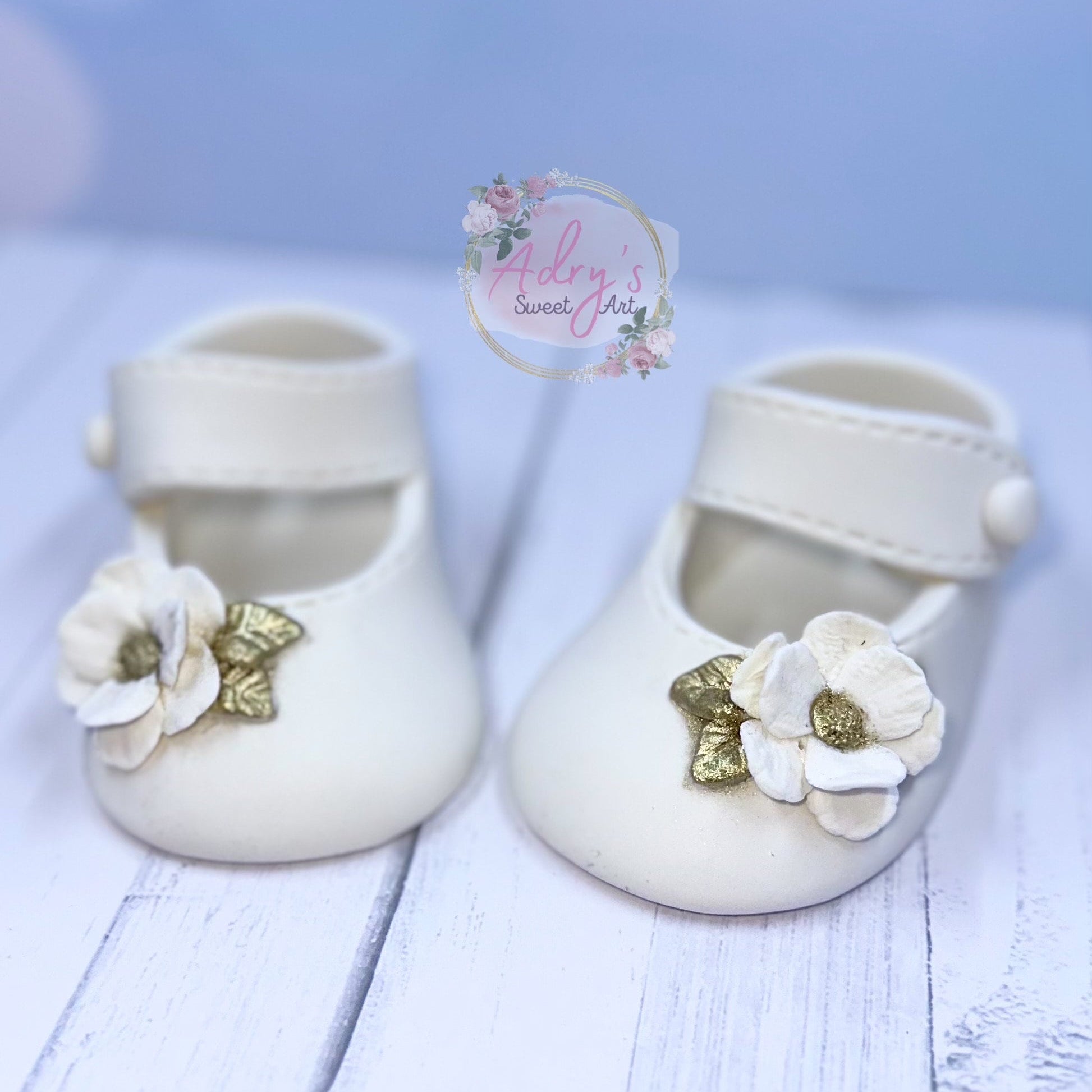 Gum Paste Baby Girl White and Gold Flower Shoes Cake Topper