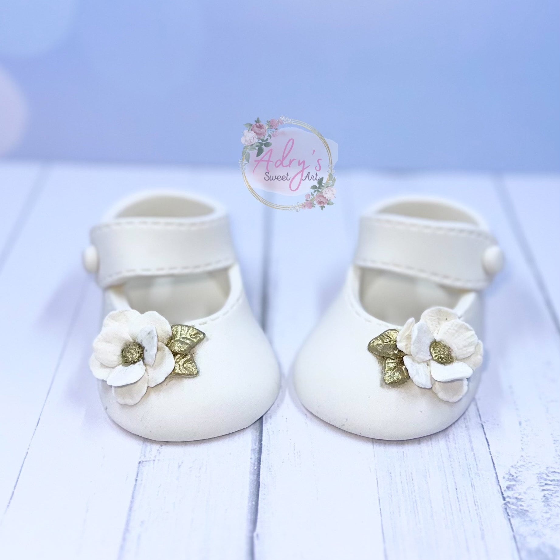Gum Paste Baby Girl White and Gold Flower Shoes Cake Topper