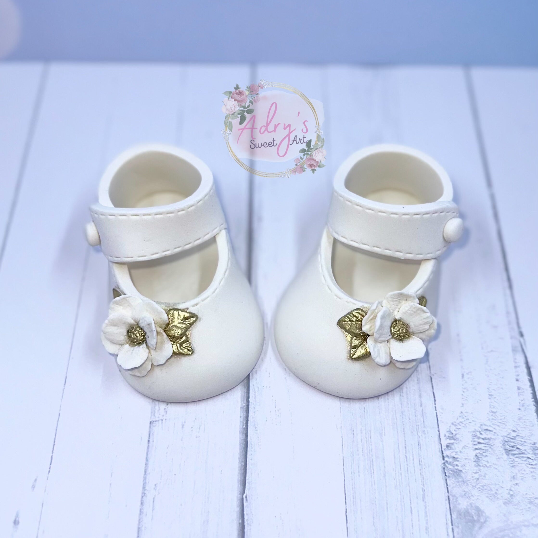 Gum Paste Baby Girl White and Gold Flower Shoes Cake Topper