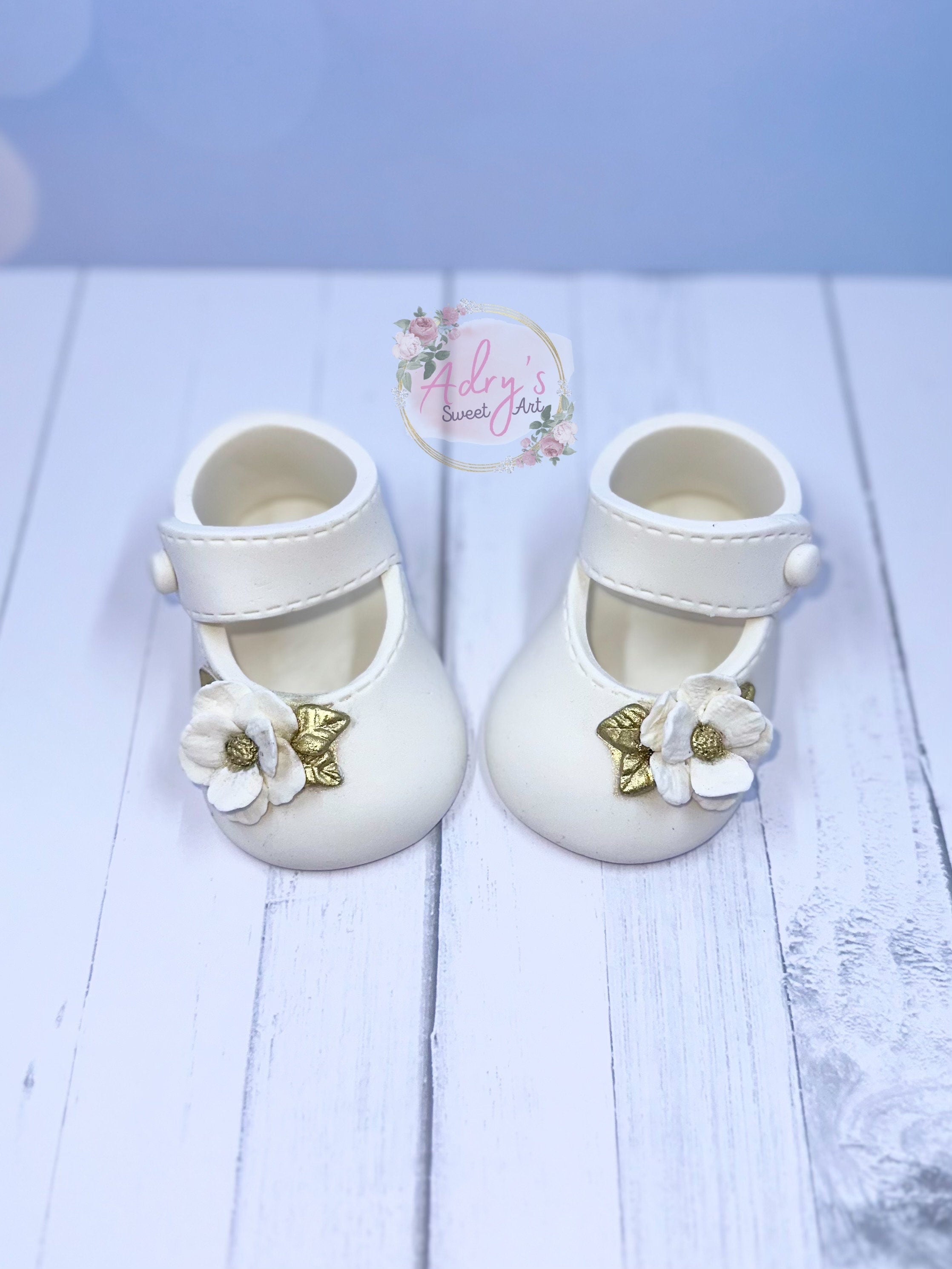 White & Gold Baby Shoes Gum Paste Cake Topper