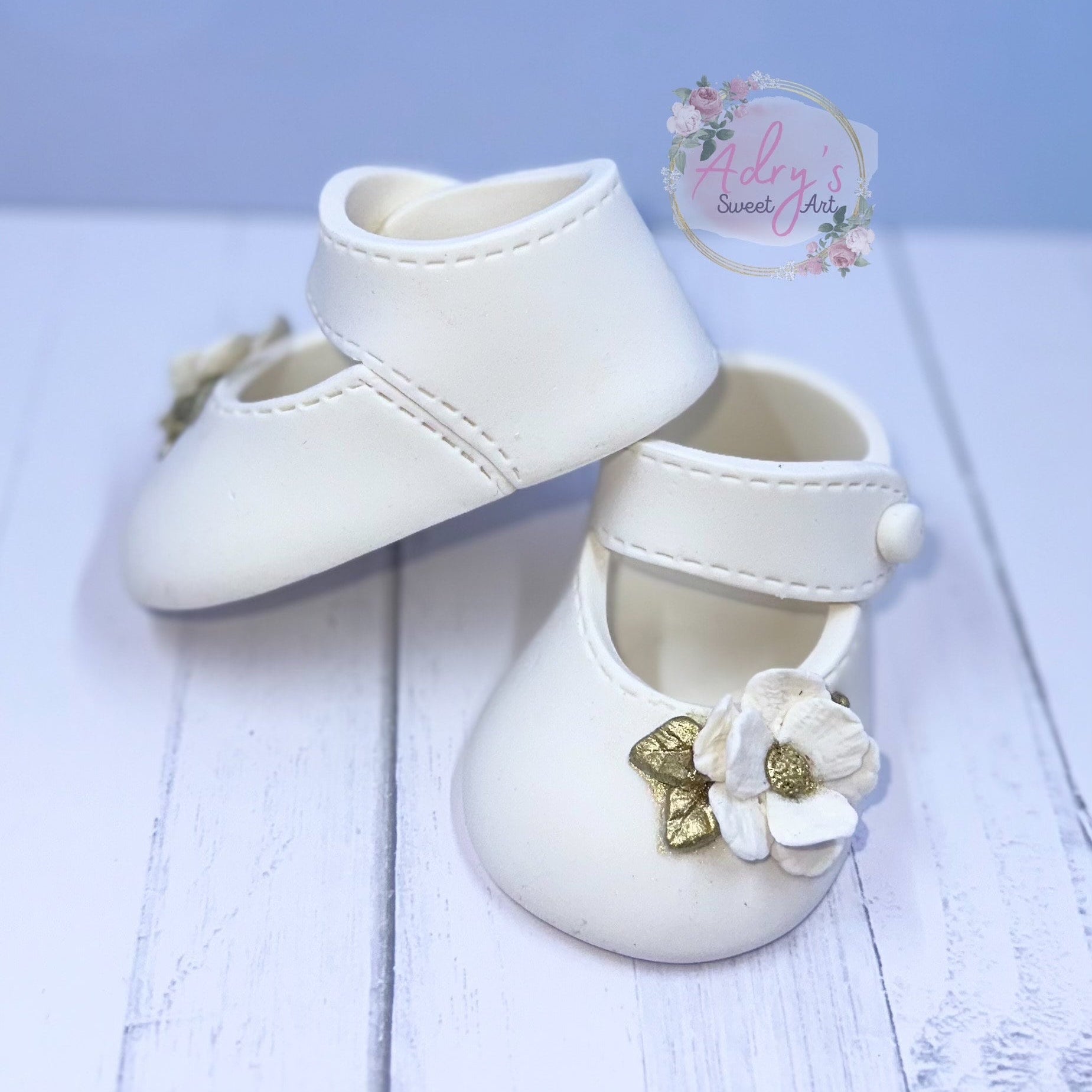 Gum Paste Baby Girl White and Gold Flower Shoes Cake Topper