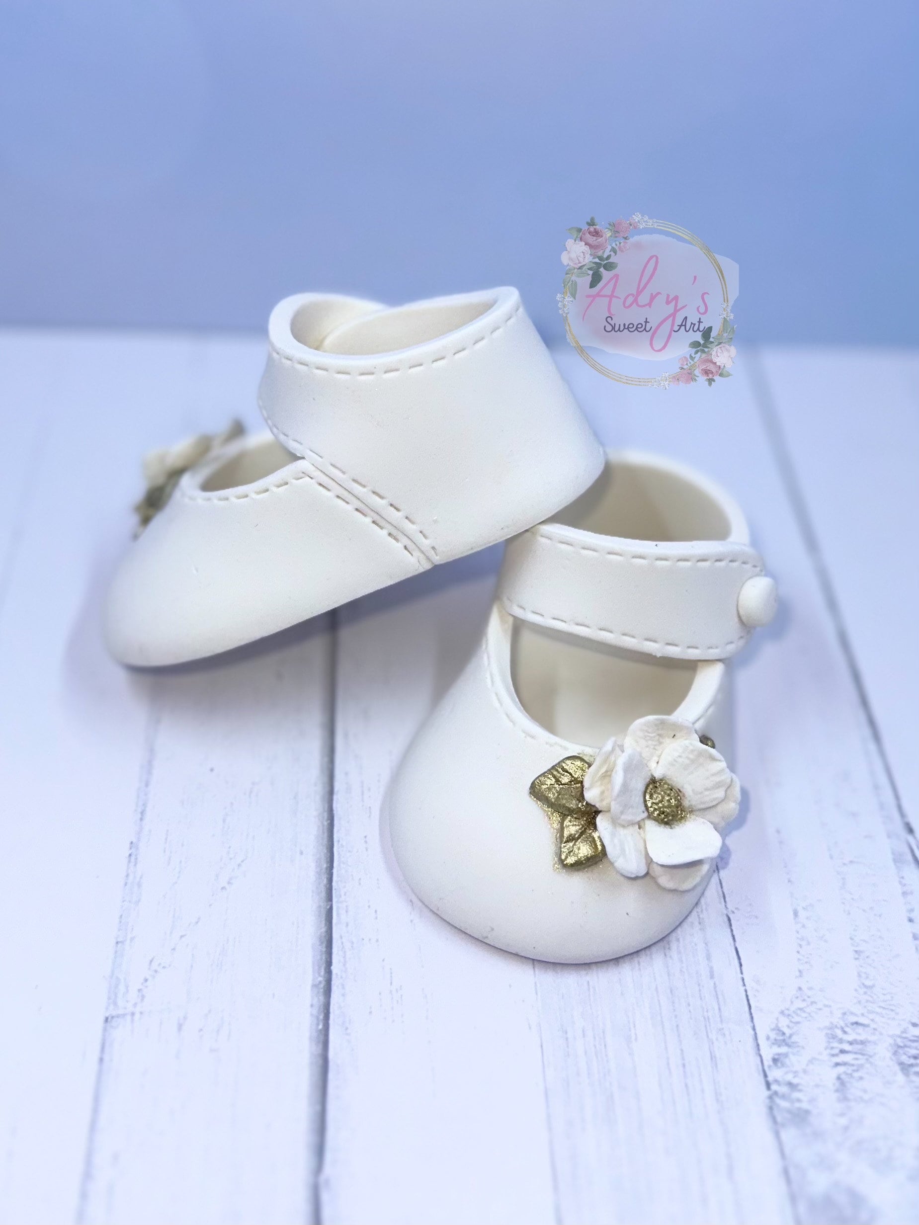 White & Gold Baby Shoes Gum Paste Cake Topper