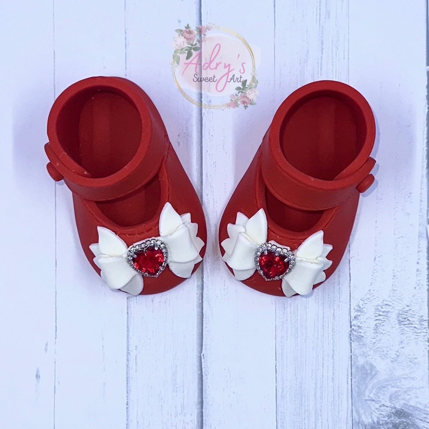 Gum Paste Baby Girl Red Shoes with White Bow and Rhinestones Cake Topper