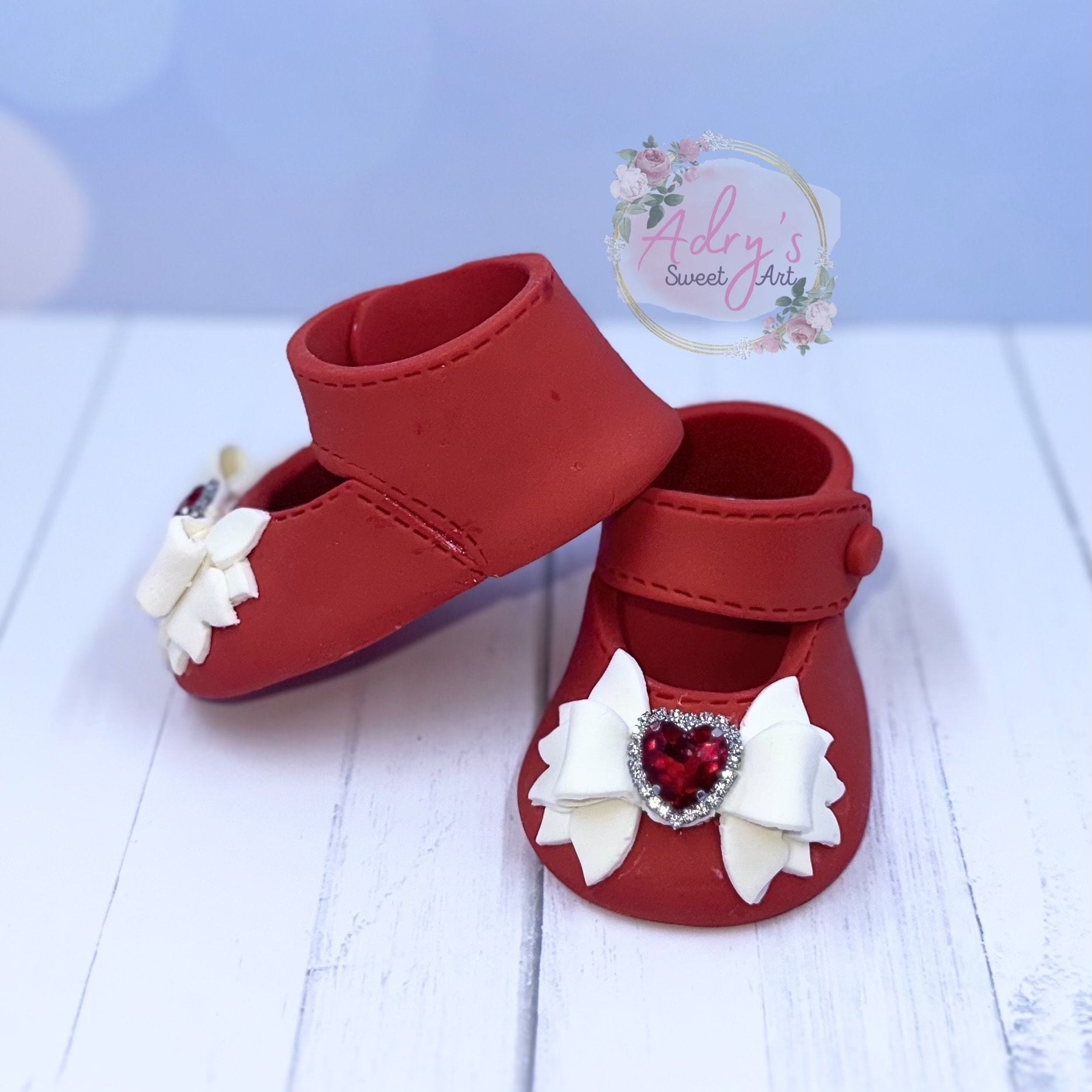 Gum Paste Baby Girl Red Shoes with White Bow and Rhinestones Cake Topper