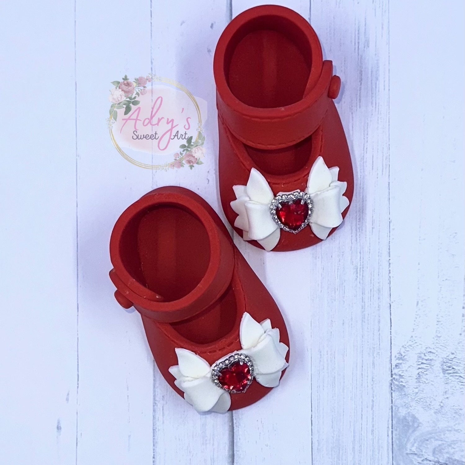 Gum Paste Baby Girl Red Shoes with White Bow and Rhinestones Cake Topper