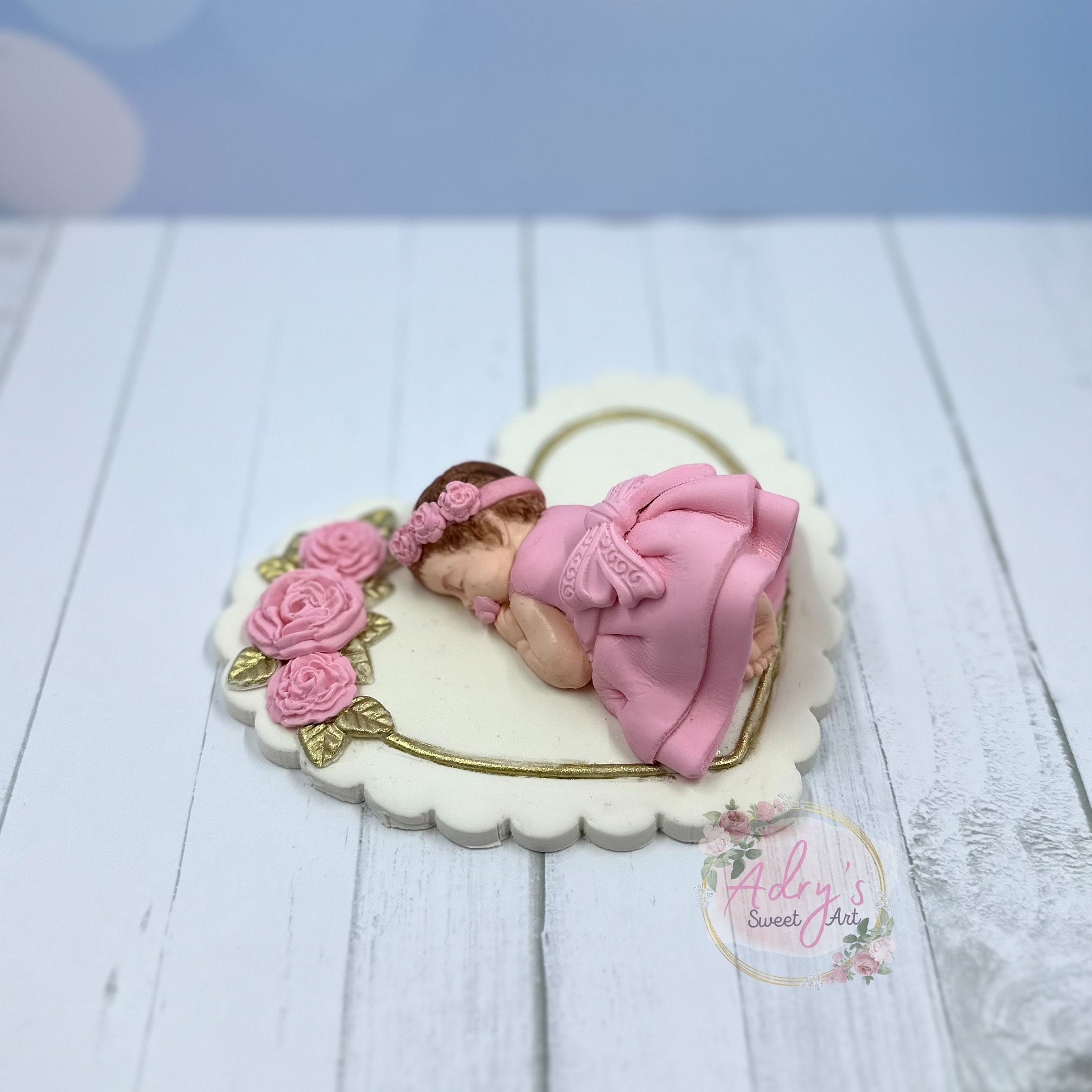 Gum Paste Heart and Pink Roses Baby Girl Cake Topper