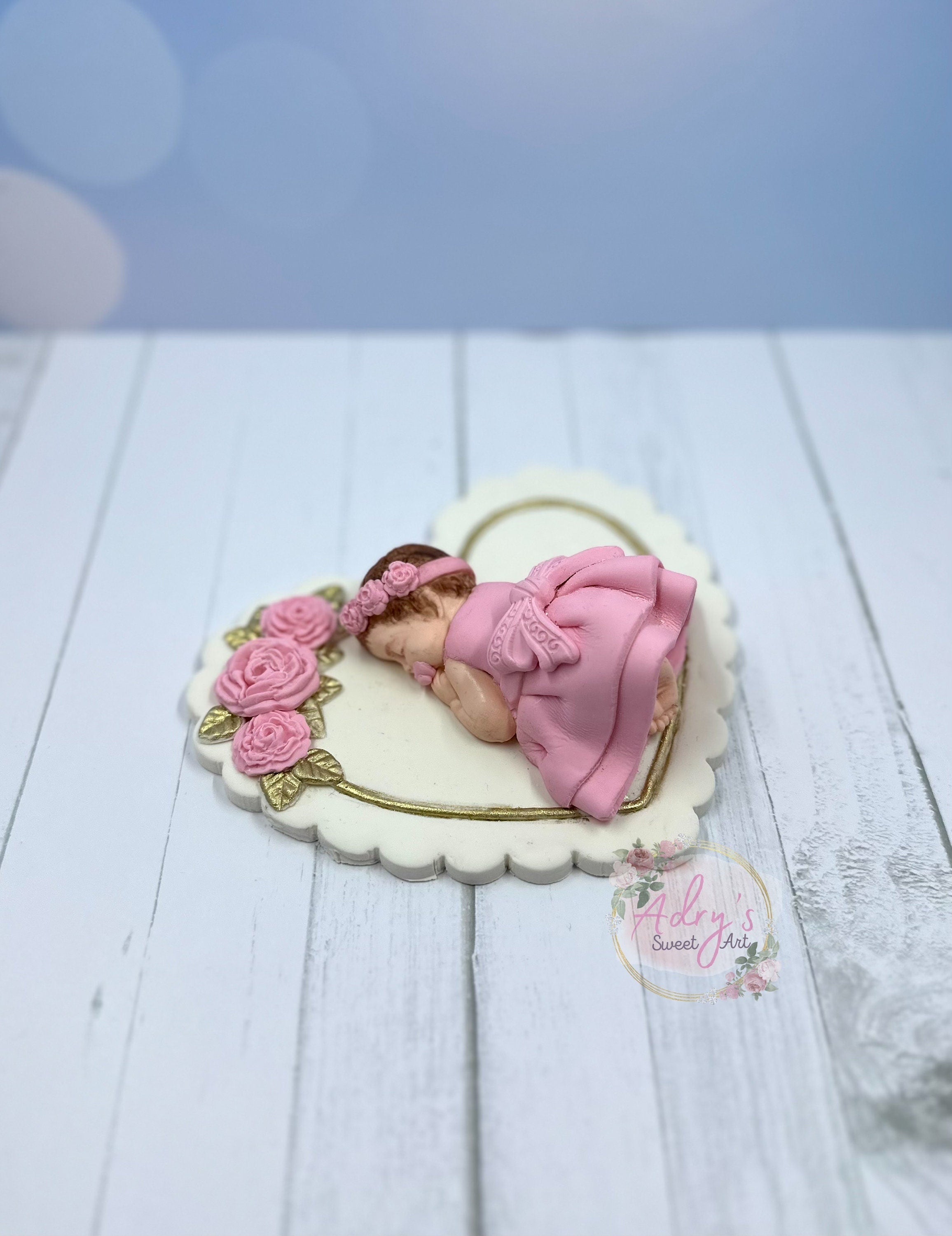 Pink Roses & Heart Baby Girl Gum Paste Cake Topper