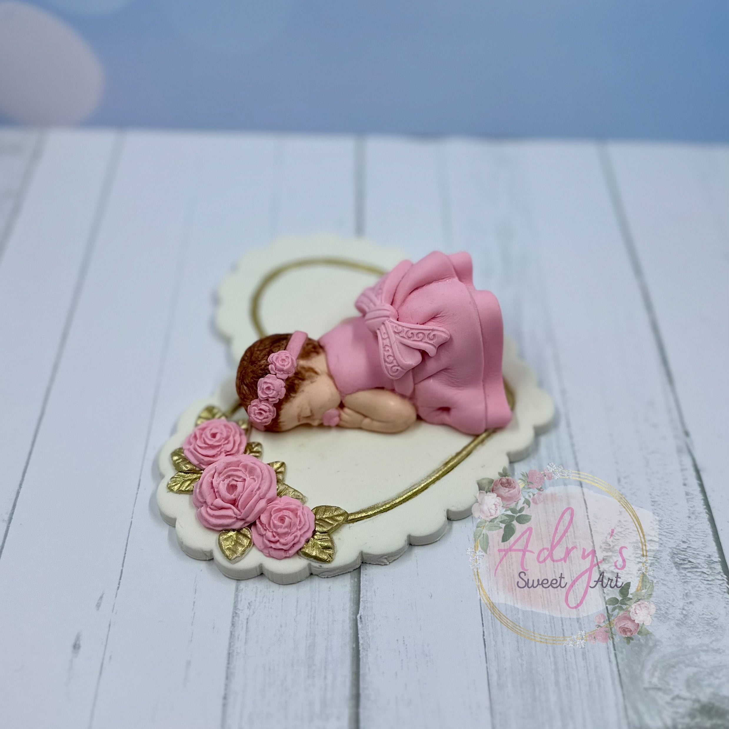 Gum Paste Heart and Pink Roses Baby Girl Cake Topper
