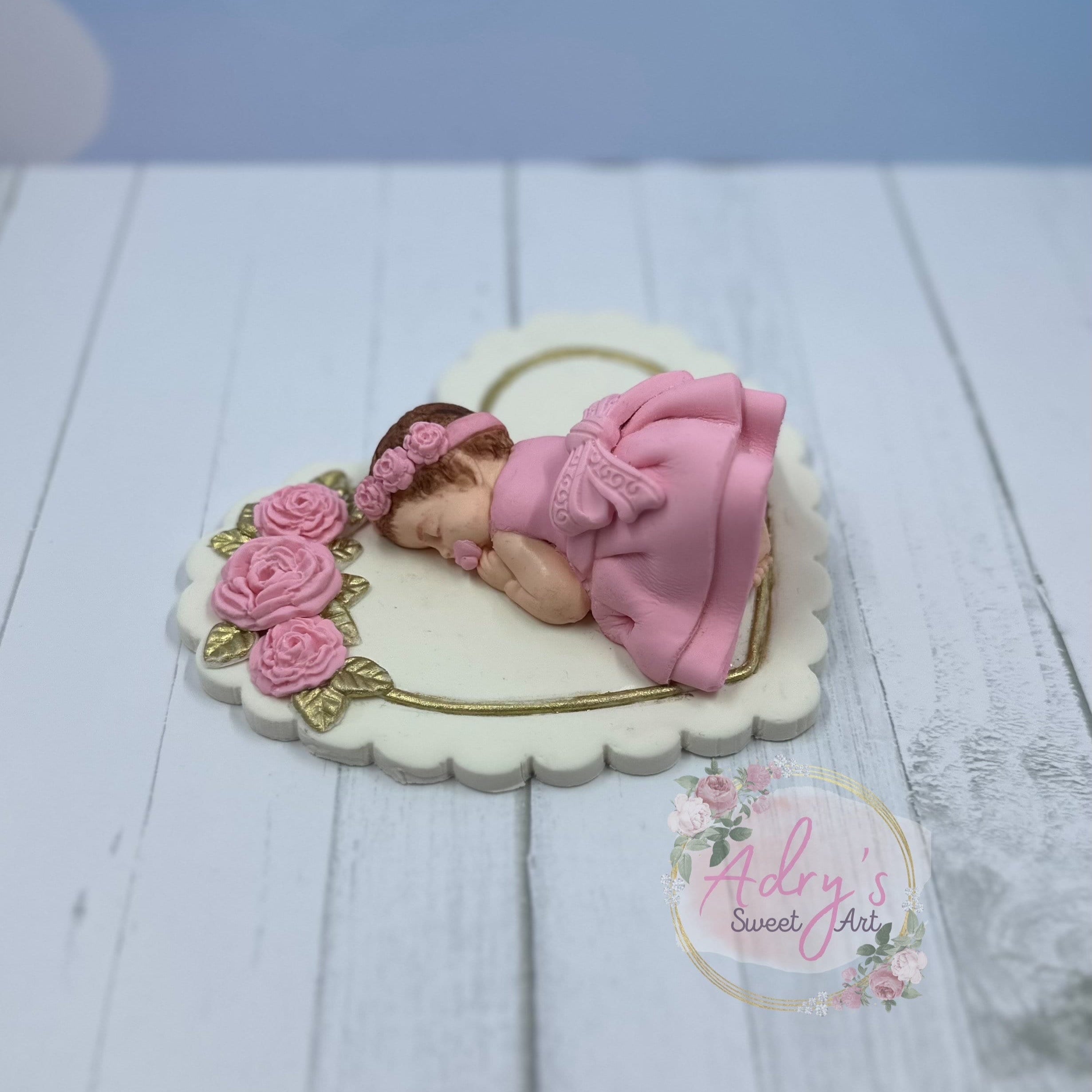 Gum Paste Heart and Pink Roses Baby Girl Cake Topper
