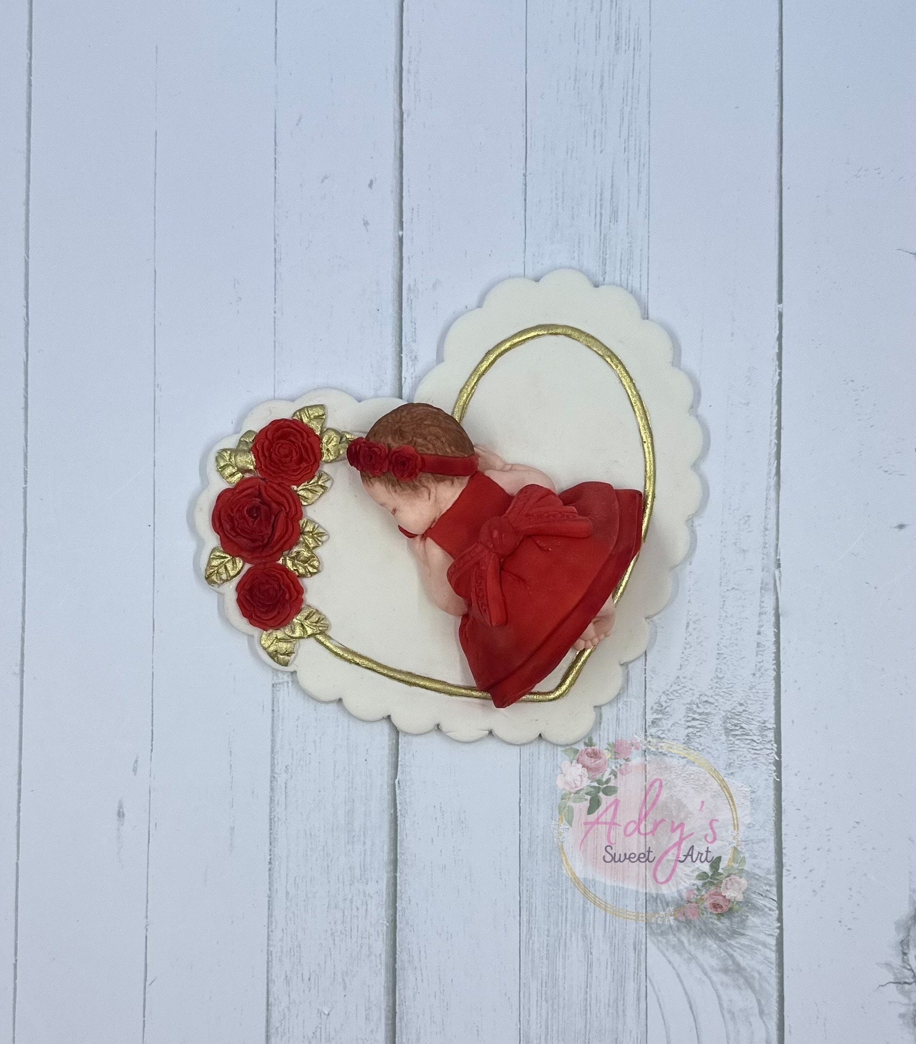 Red Roses & Heart Baby Girl Gum Paste Cake Topper