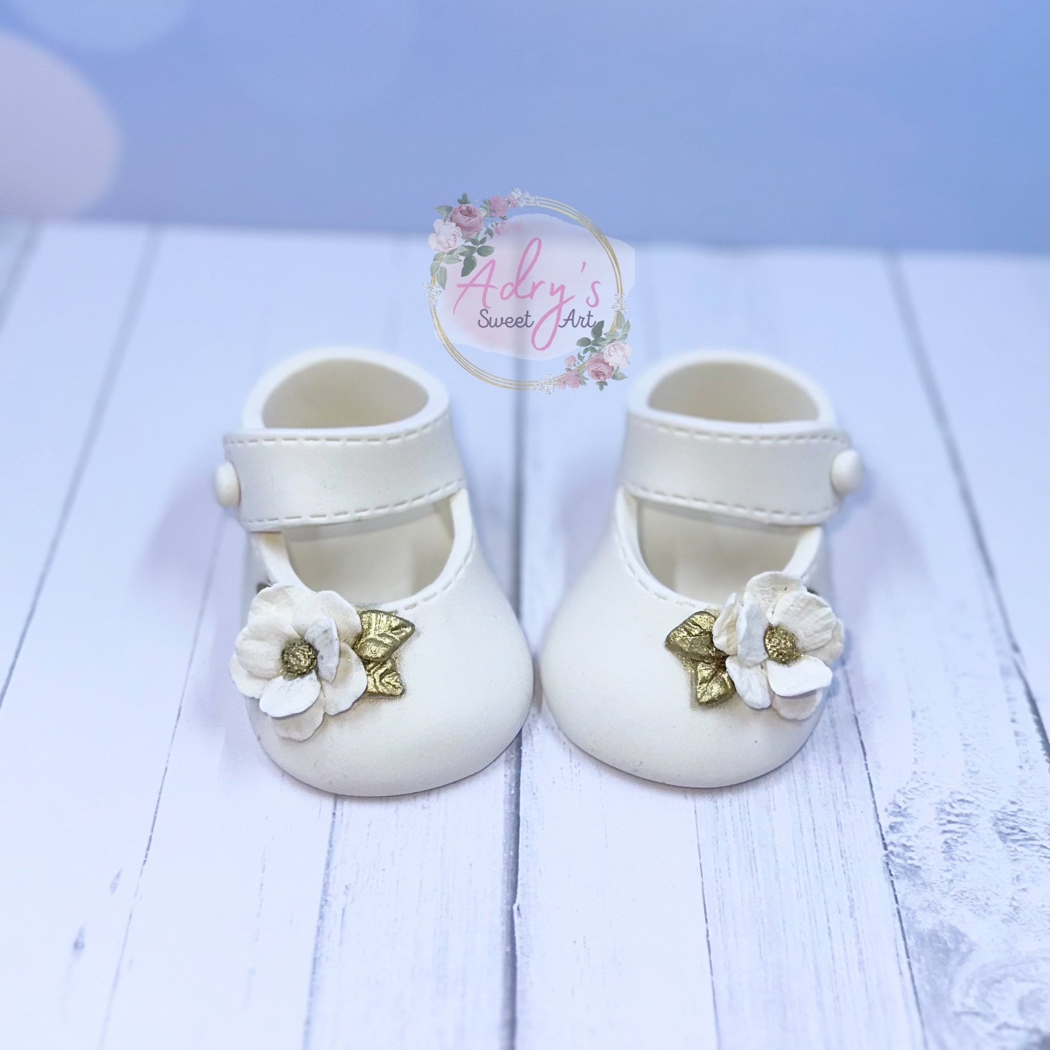 Gum Paste Baby Girl White and Gold Flower Shoes Cake Topper