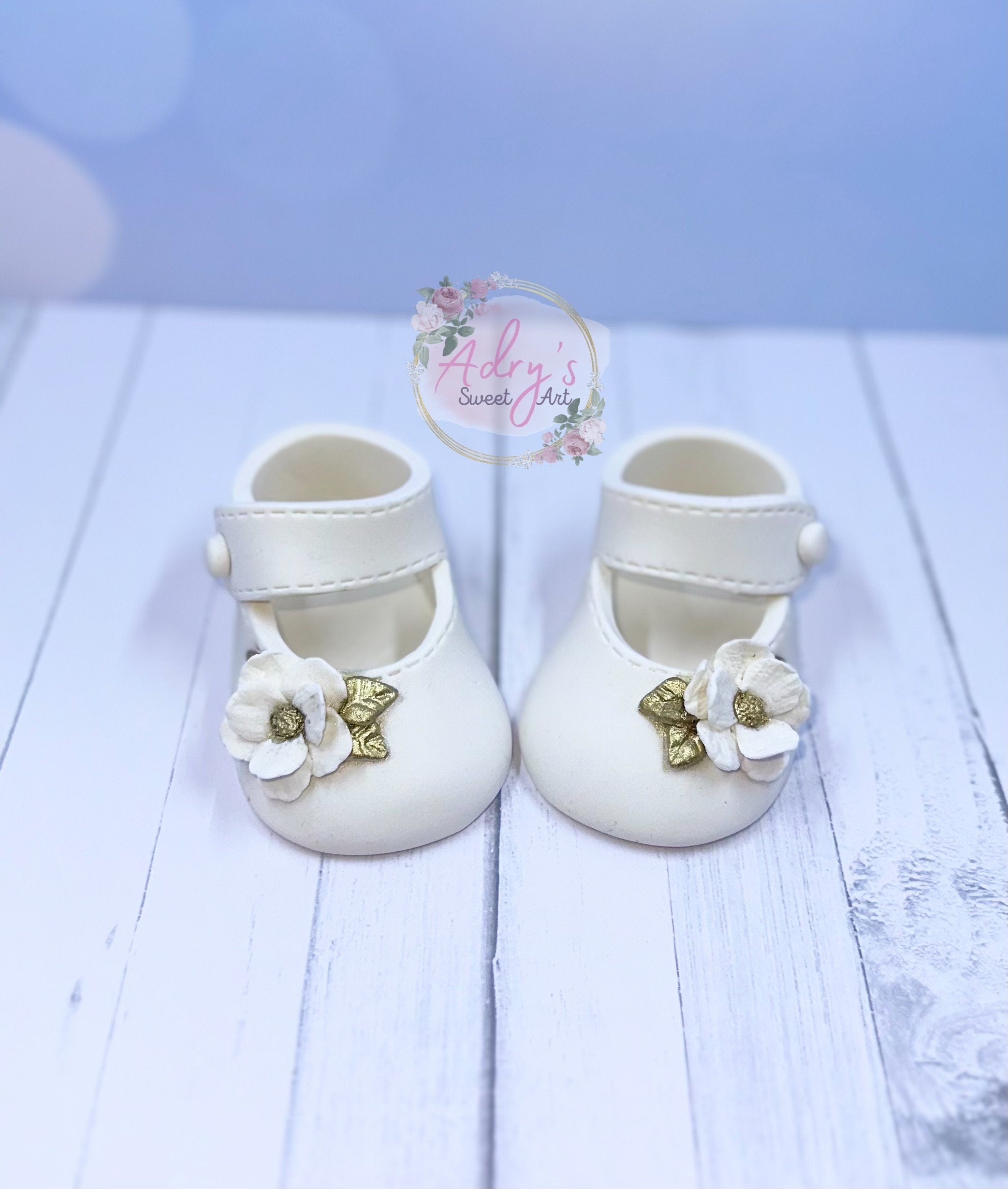 White & Gold Baby Shoes Gum Paste Cake Topper