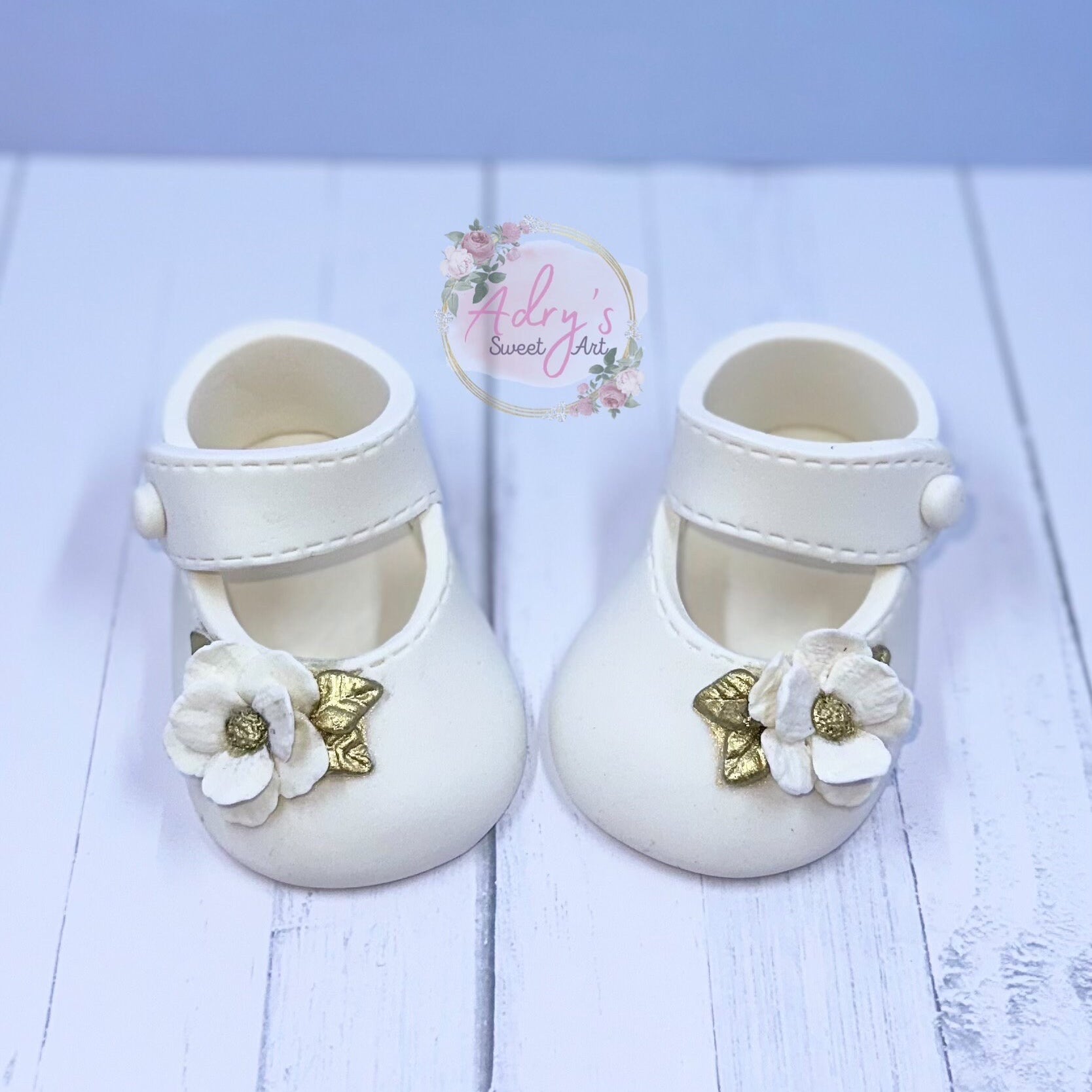 Gum Paste Baby Girl White and Gold Flower Shoes Cake Topper