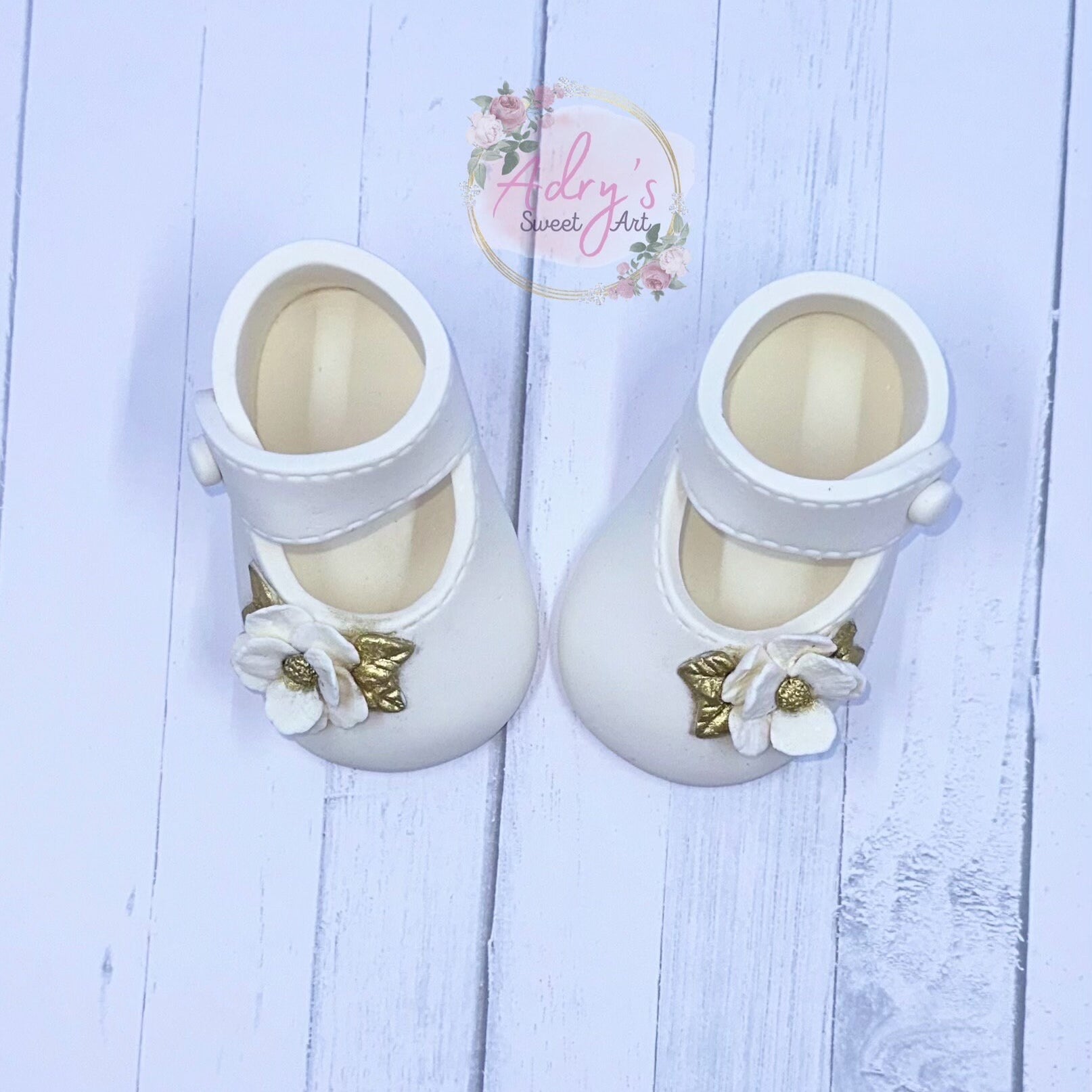 Gum Paste Baby Girl White and Gold Flower Shoes Cake Topper