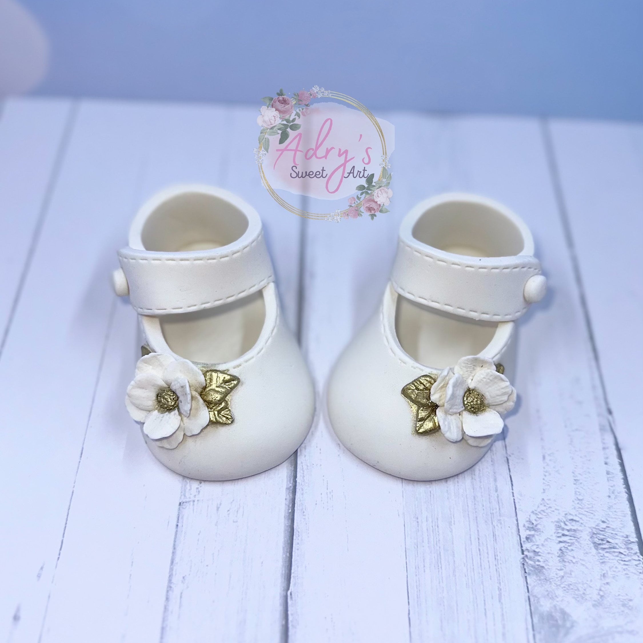 Gum Paste Baby Girl White and Gold Flower Shoes Cake Topper