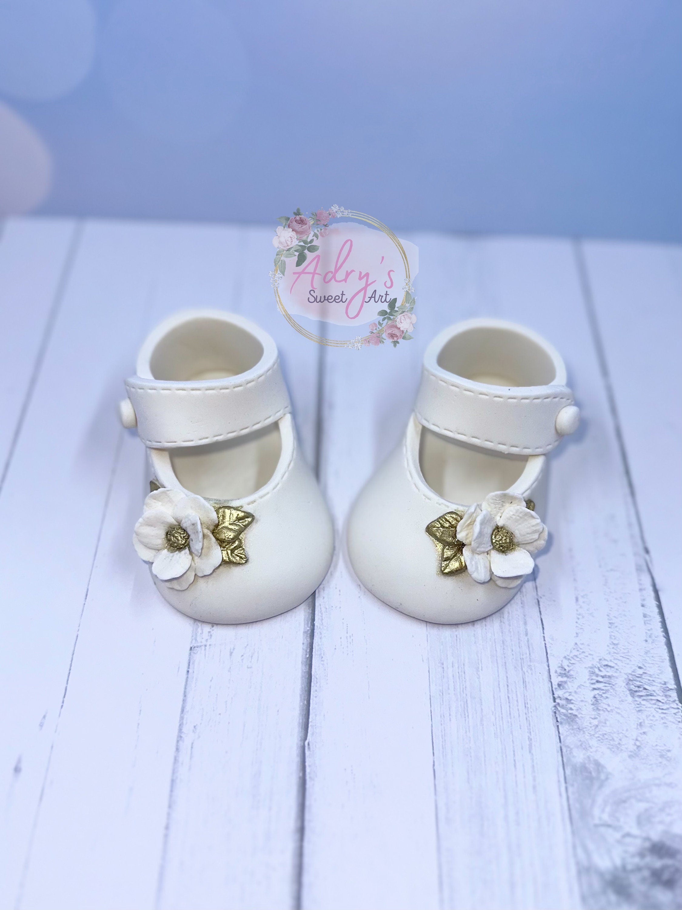 White & Gold Baby Shoes Gum Paste Cake Topper