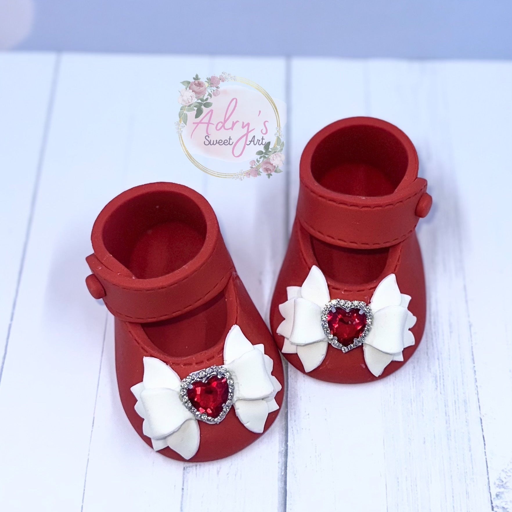 Gum Paste Baby Girl Red Shoes with White Bow and Rhinestones Cake Topper