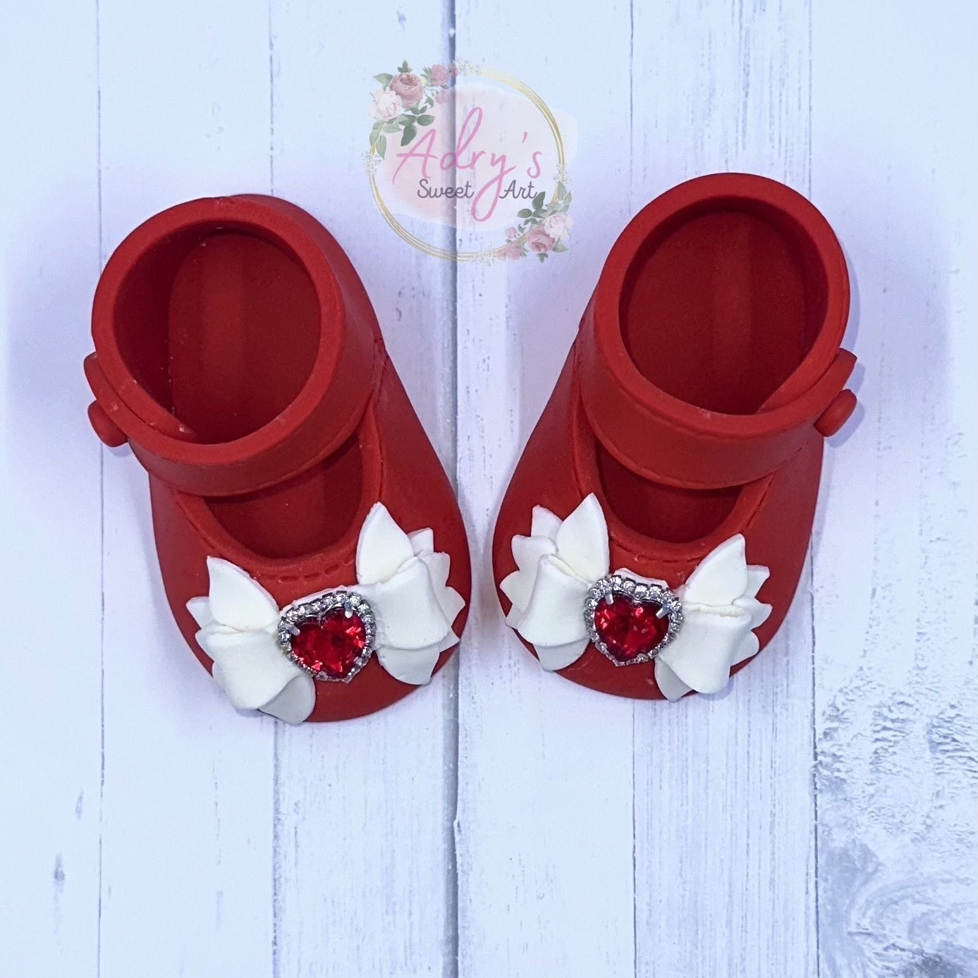 Gum Paste Baby Girl Red Shoes with White Bow and Rhinestones Cake Topper