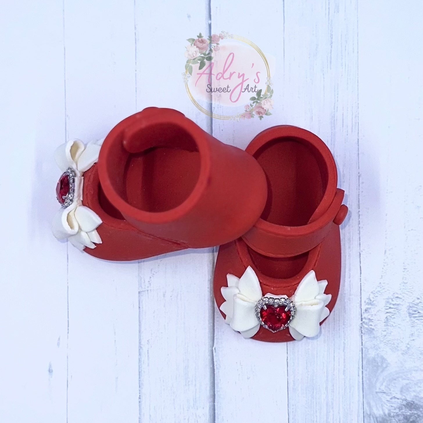 Gum Paste Baby Girl Red Shoes with White Bow and Rhinestones Cake Topper