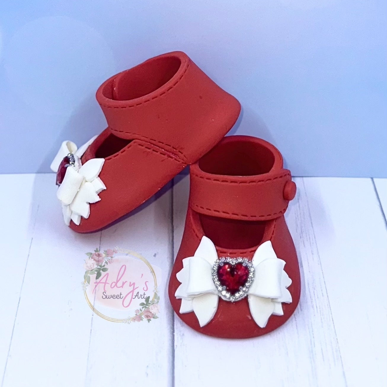 Gum Paste Baby Girl Red Shoes with White Bow and Rhinestones Cake Topper