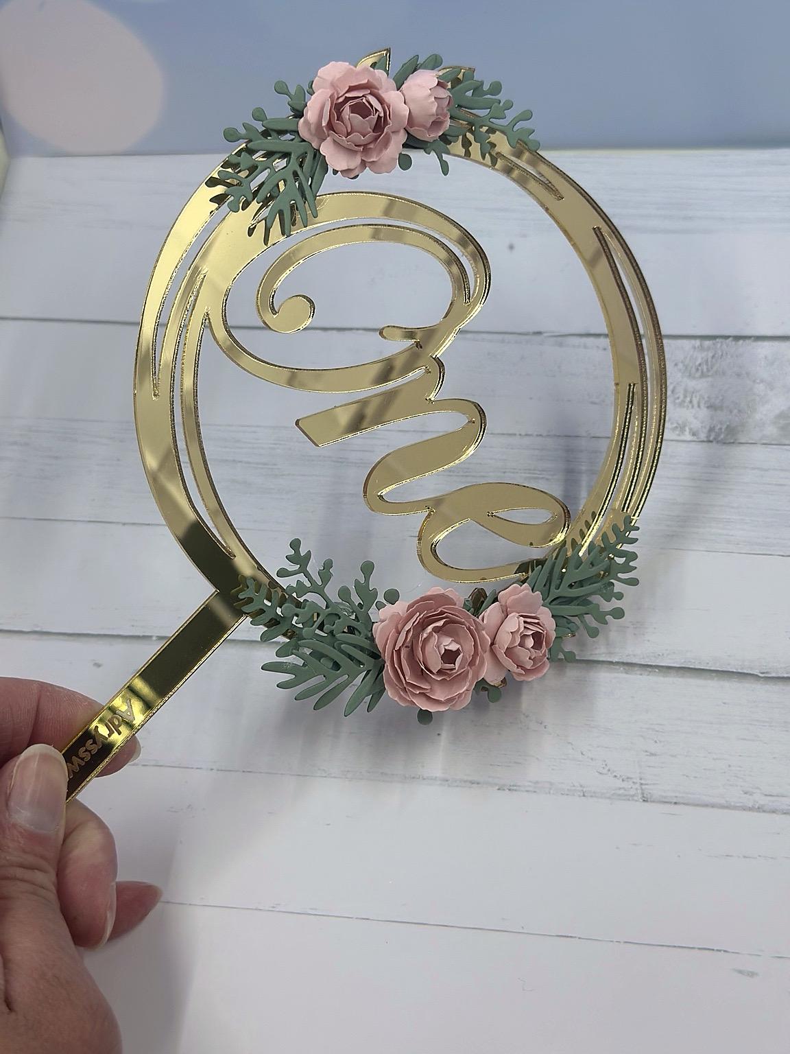 First Birthday Cake Topper for Girl – Gold Floral “One” Topper with Handmade Pink Flowers