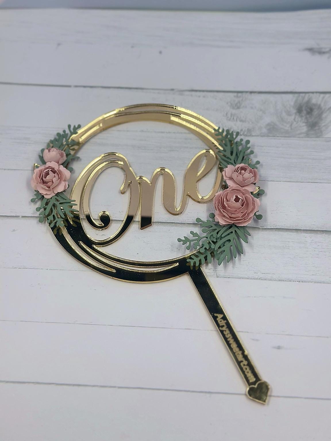 First Birthday Cake Topper for Girl – Gold Floral “One” Topper with Handmade Pink Flowers